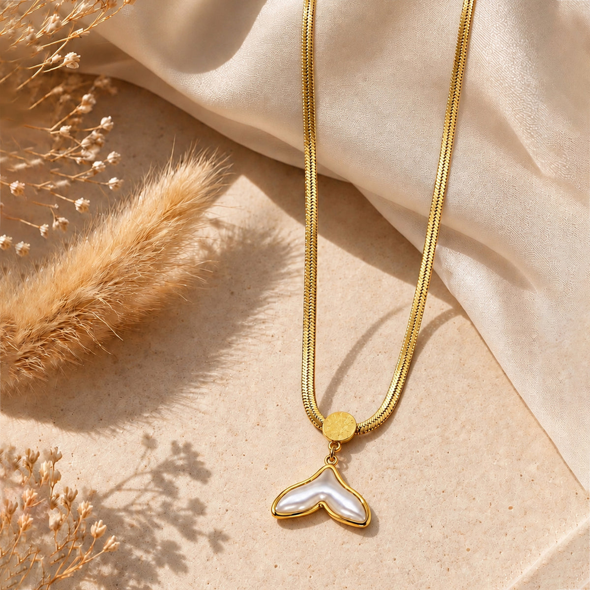 Artklim Elegant Pearl Whale Tail Gold Anti-Tarnish Pendant Necklace