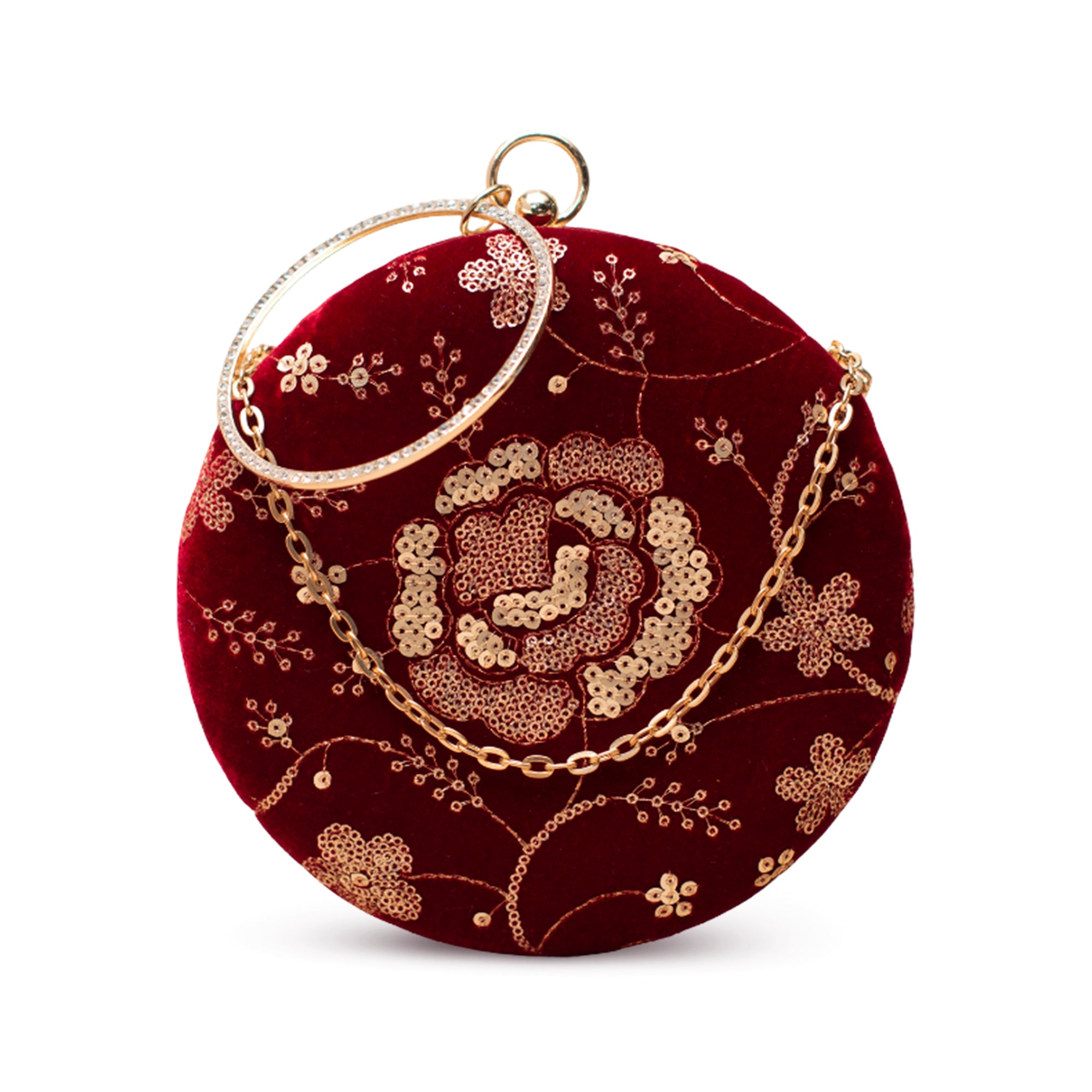 Artklim Wine Red Floral Sequin Embriodery Clutch