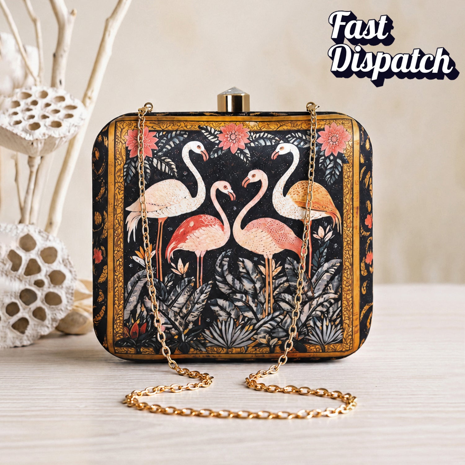 Artklim Black Based Pink Flamingo Printed Clutch