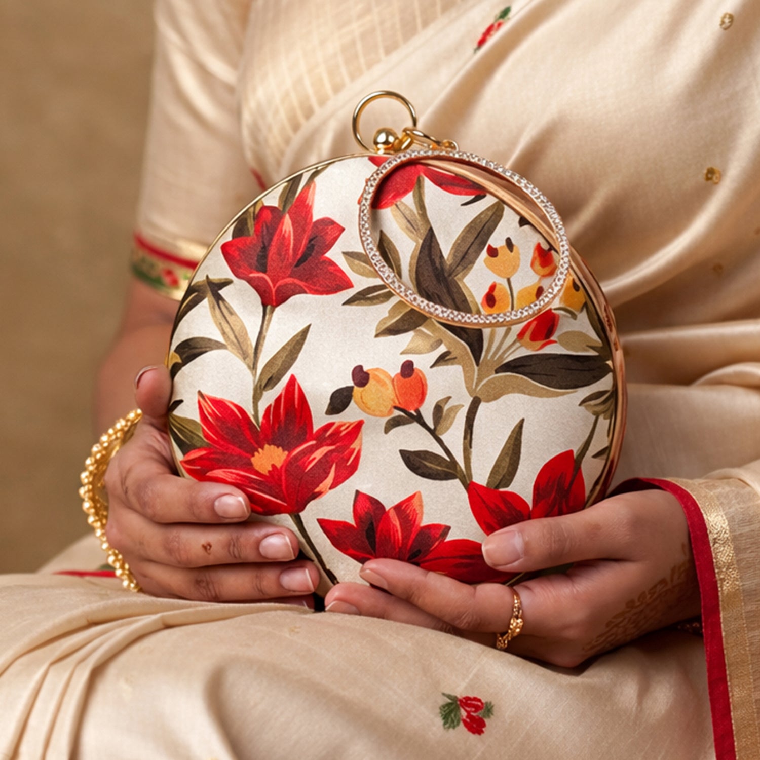 Red Floral Printed Round Clutch