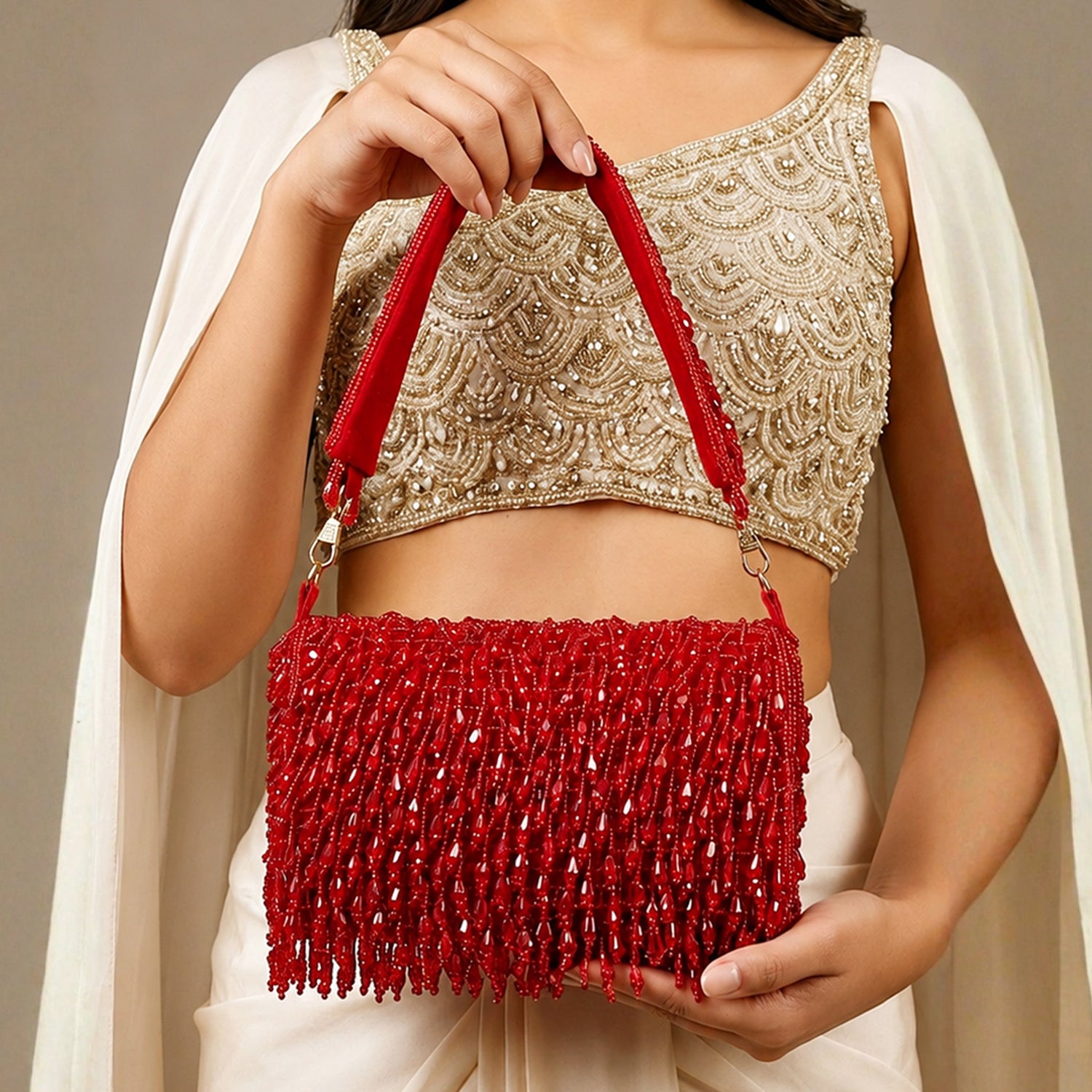 Artklim Ruby Red Handcrafted Beaded Evening Clutch Bag