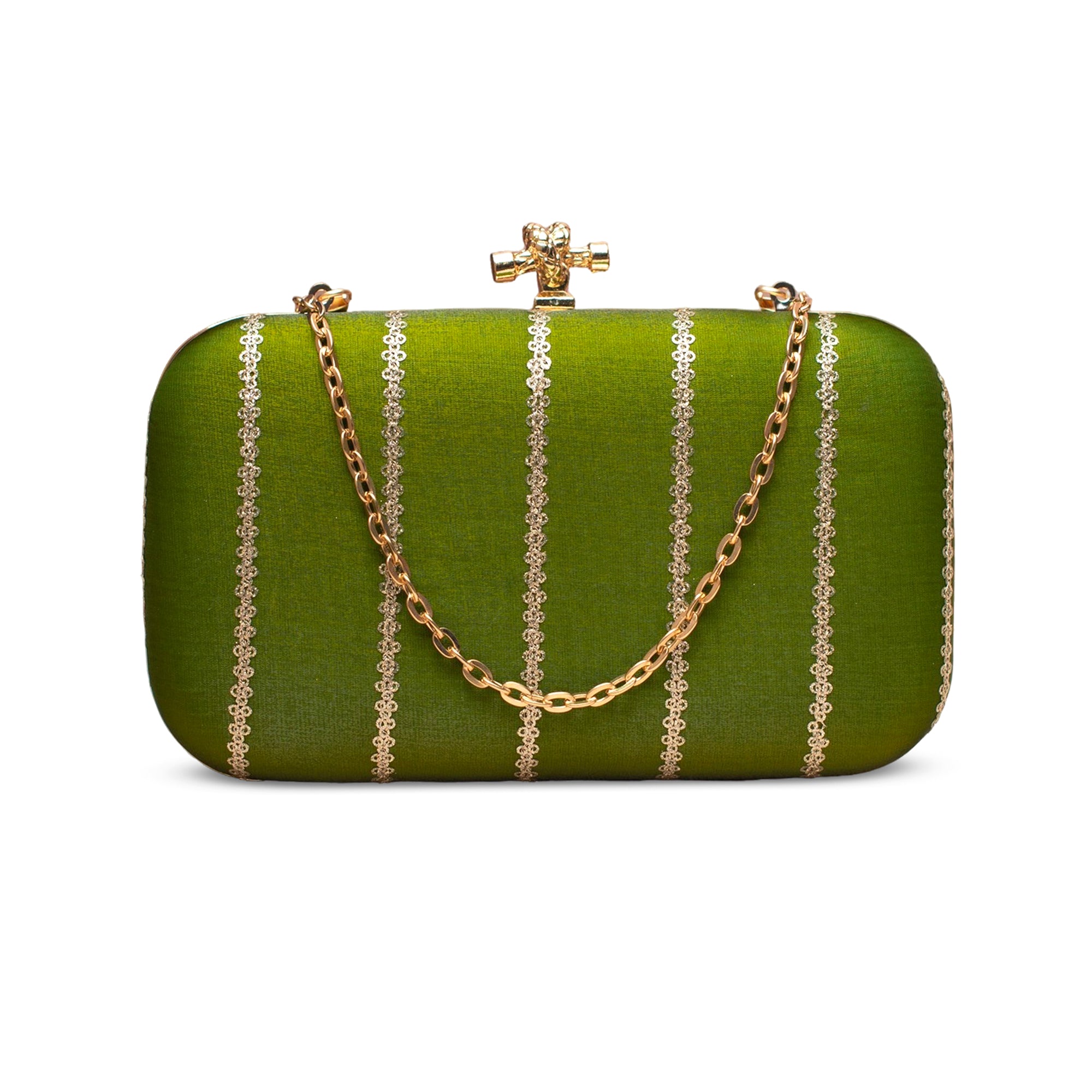 Artklim Olive Green Gold-Striped Embroidered Clutch