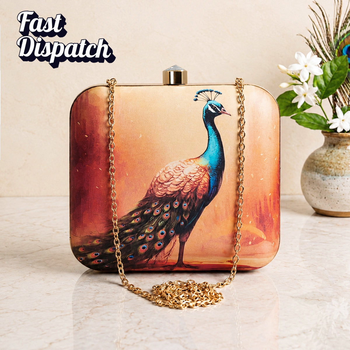 Artklim Peacock Printed Designer Chain Clutch