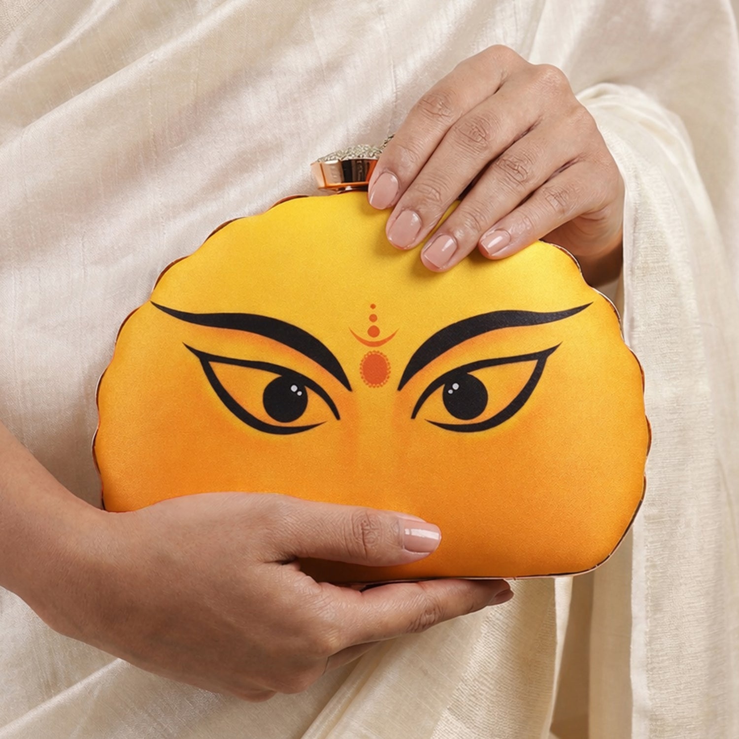 Artklim Durga Eyes Yellow Printed D-Shape Clutch