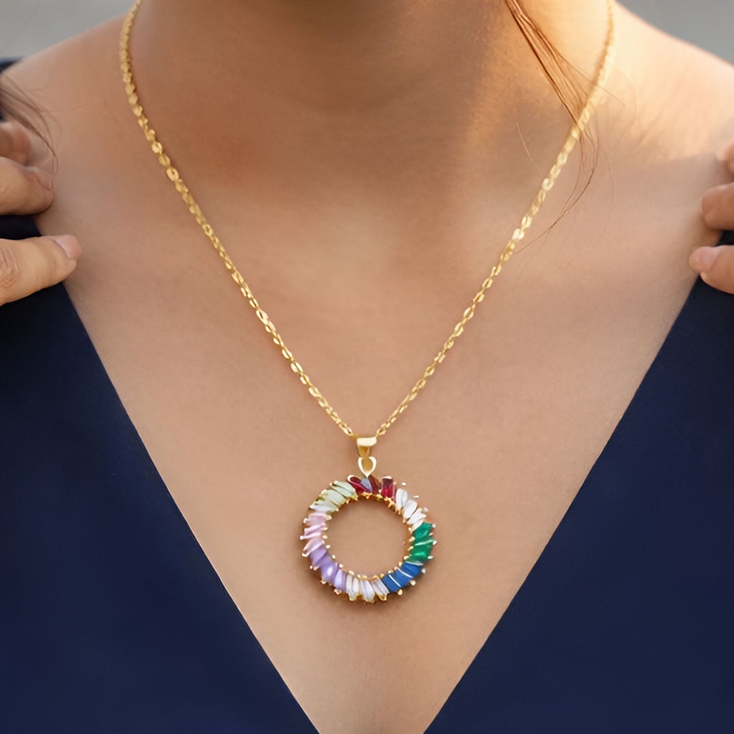 Artklim Gold-Plated Rainbow Baguette Stone Circle Anti-Tarnish Pendant Necklace