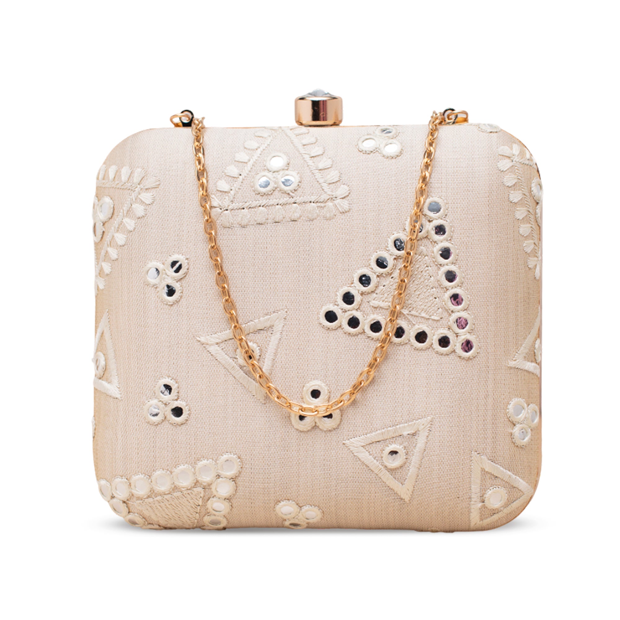 Artklim Beige With Mirror & Triangle Embroidery Clutch