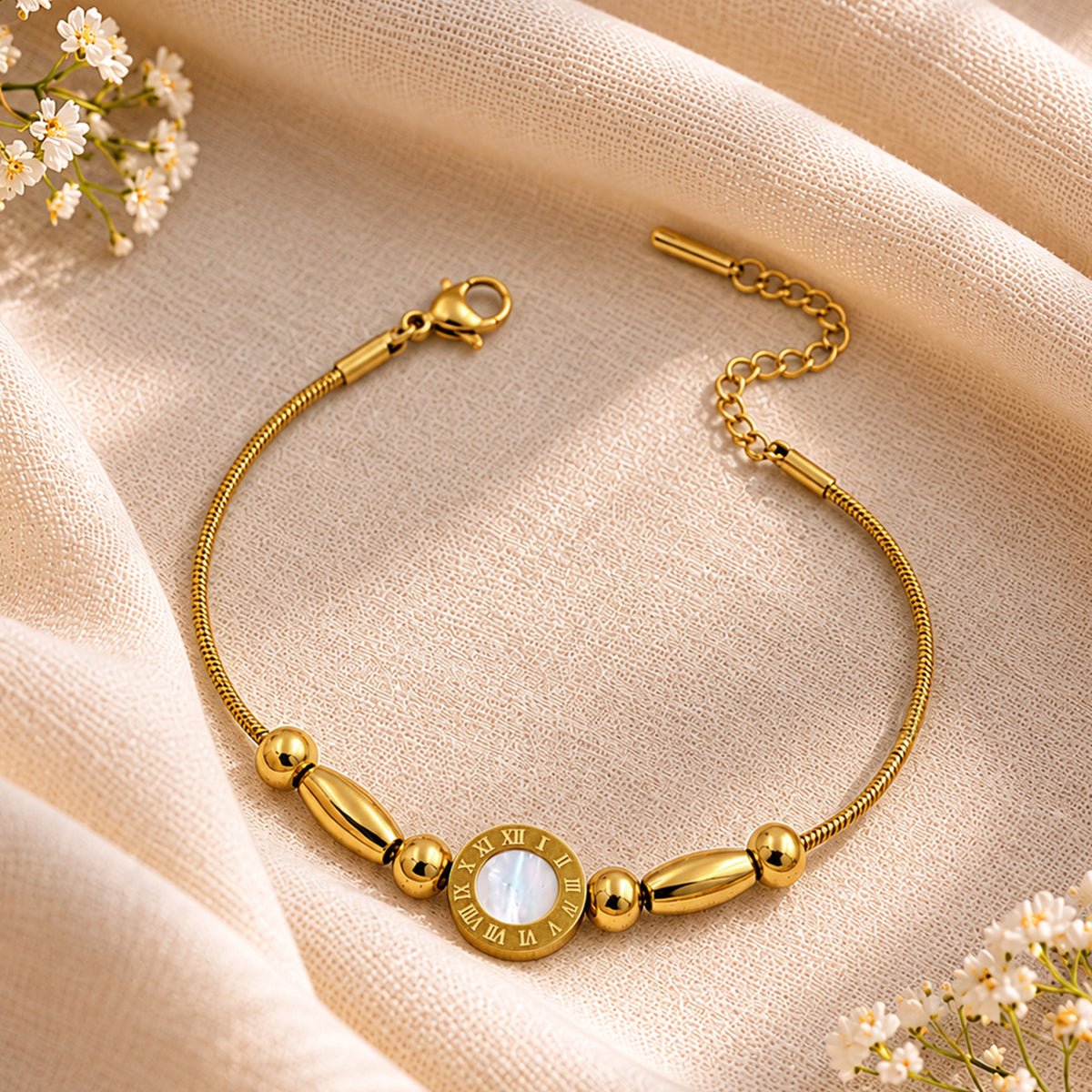 Artklim Luxe Roman Dial Beaded Gold-Tone Anti-Tarnish Bracelet