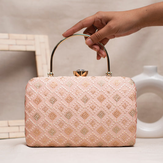 Pink Box Pattern Embroidery Clutch