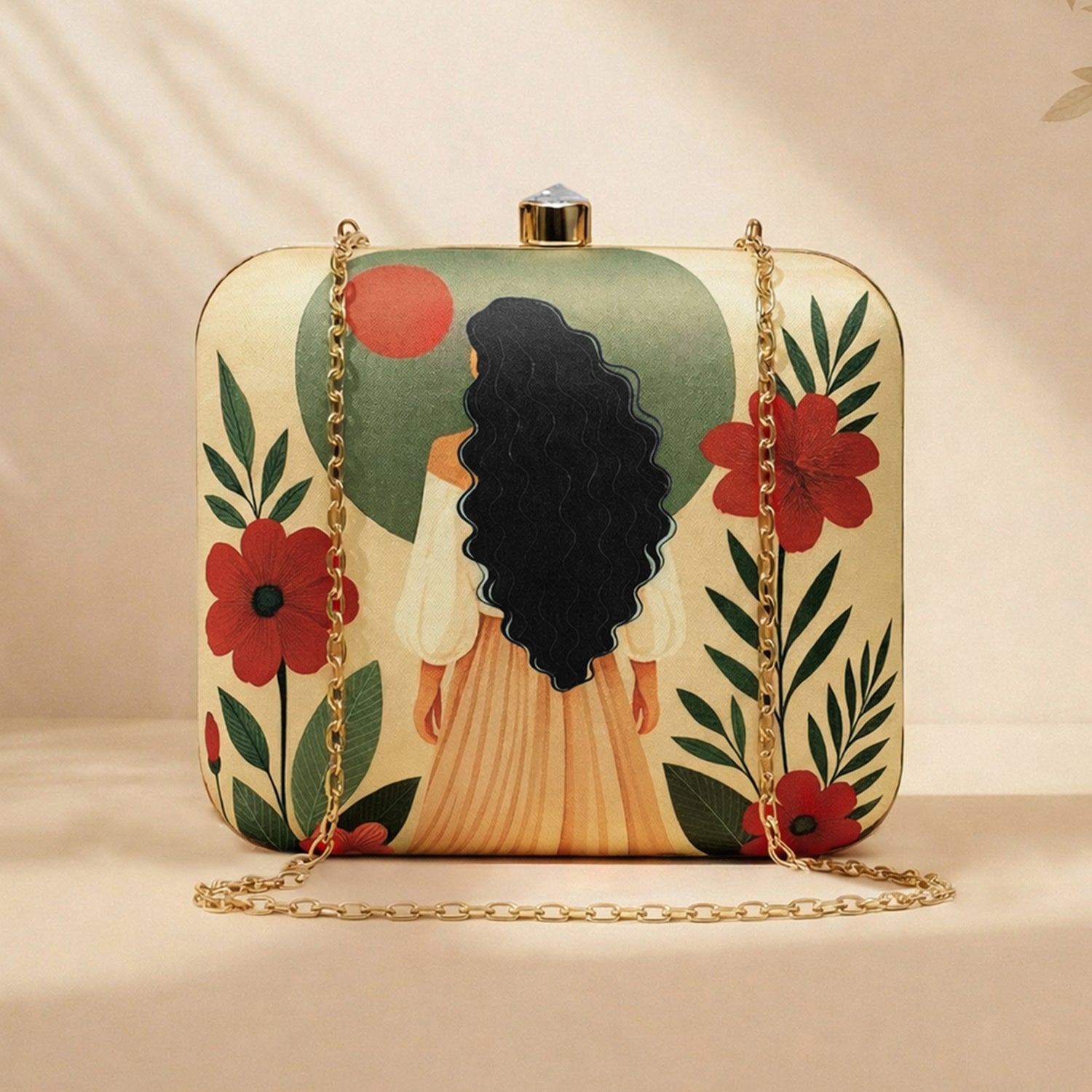 Artklim Beige Based Curly Hair Woman Portrait Printed Clutch