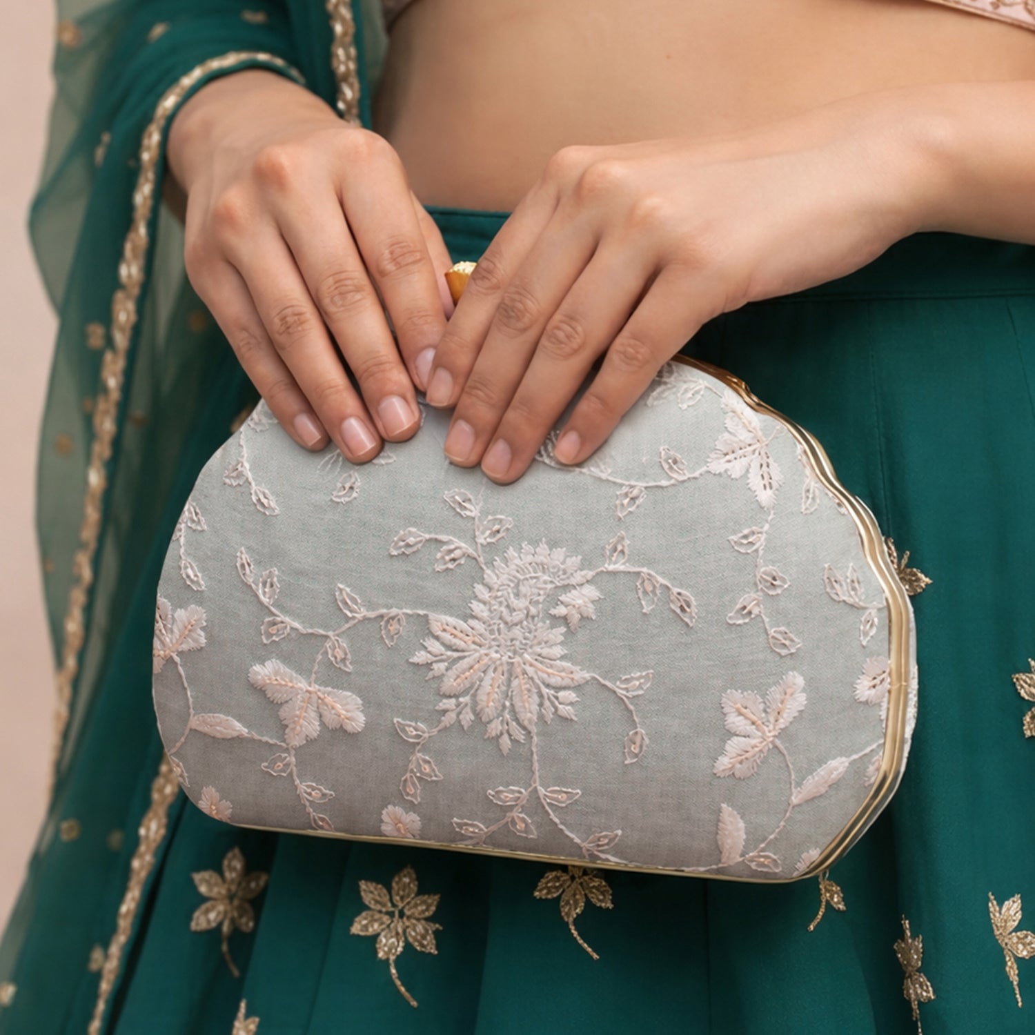 Artklim Light Mint Based White Thread Embroidery Clutch