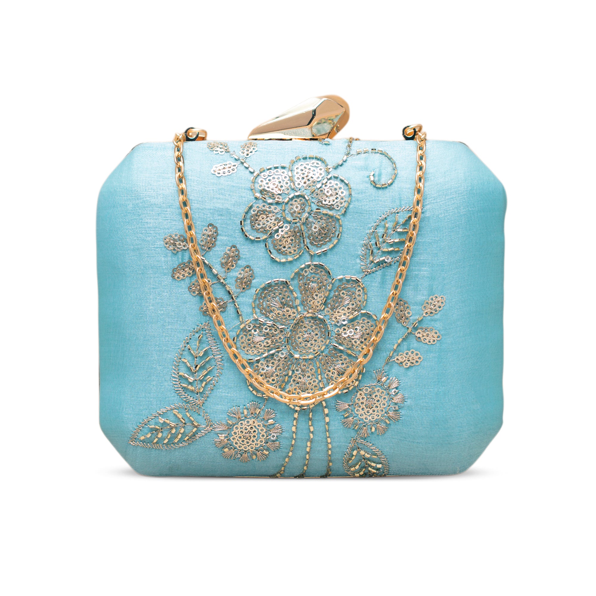 Artklim Elegant Sky Blue Gold Thread Embroidered Clutch