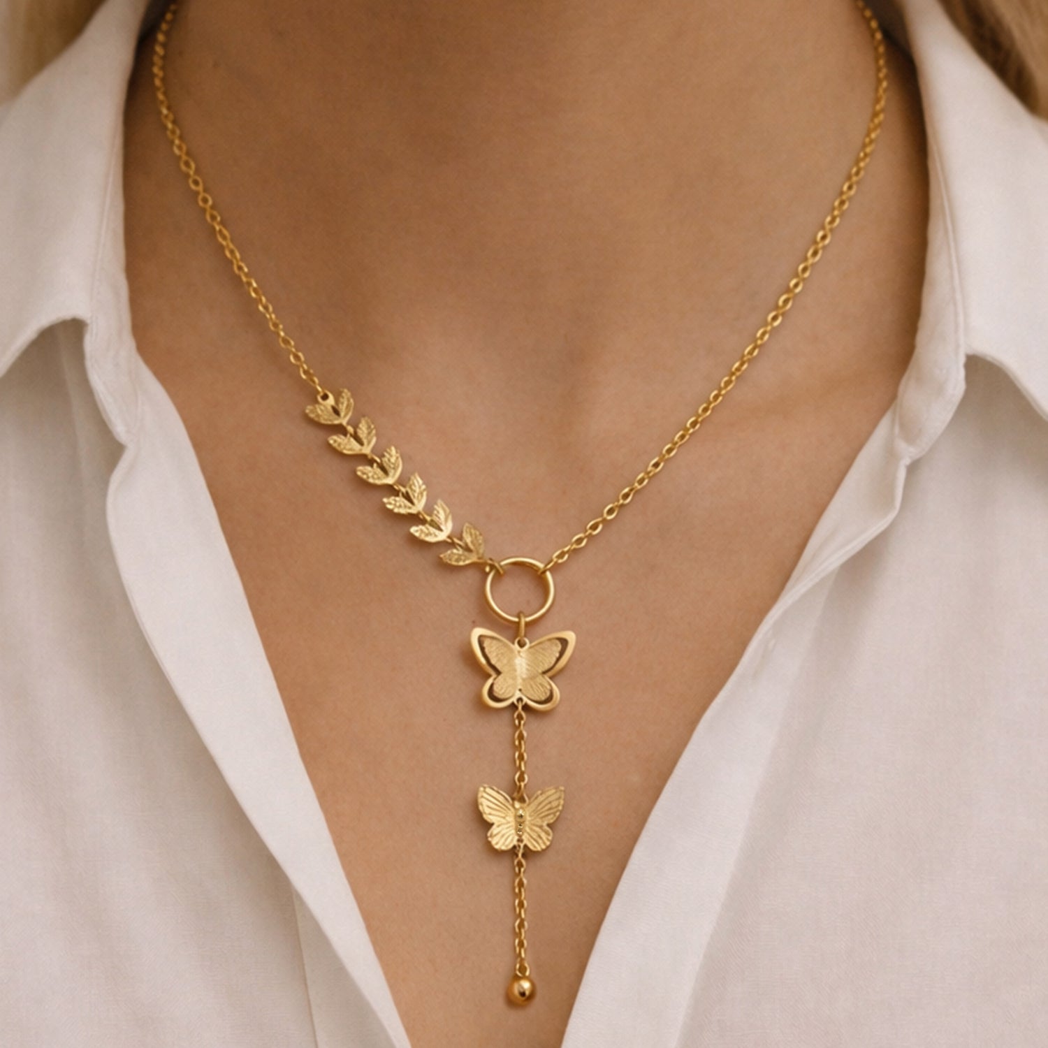 Artklim Gold-Plated Leaf & Butterfly Lariat Anti-Tarnish Pendant Necklace