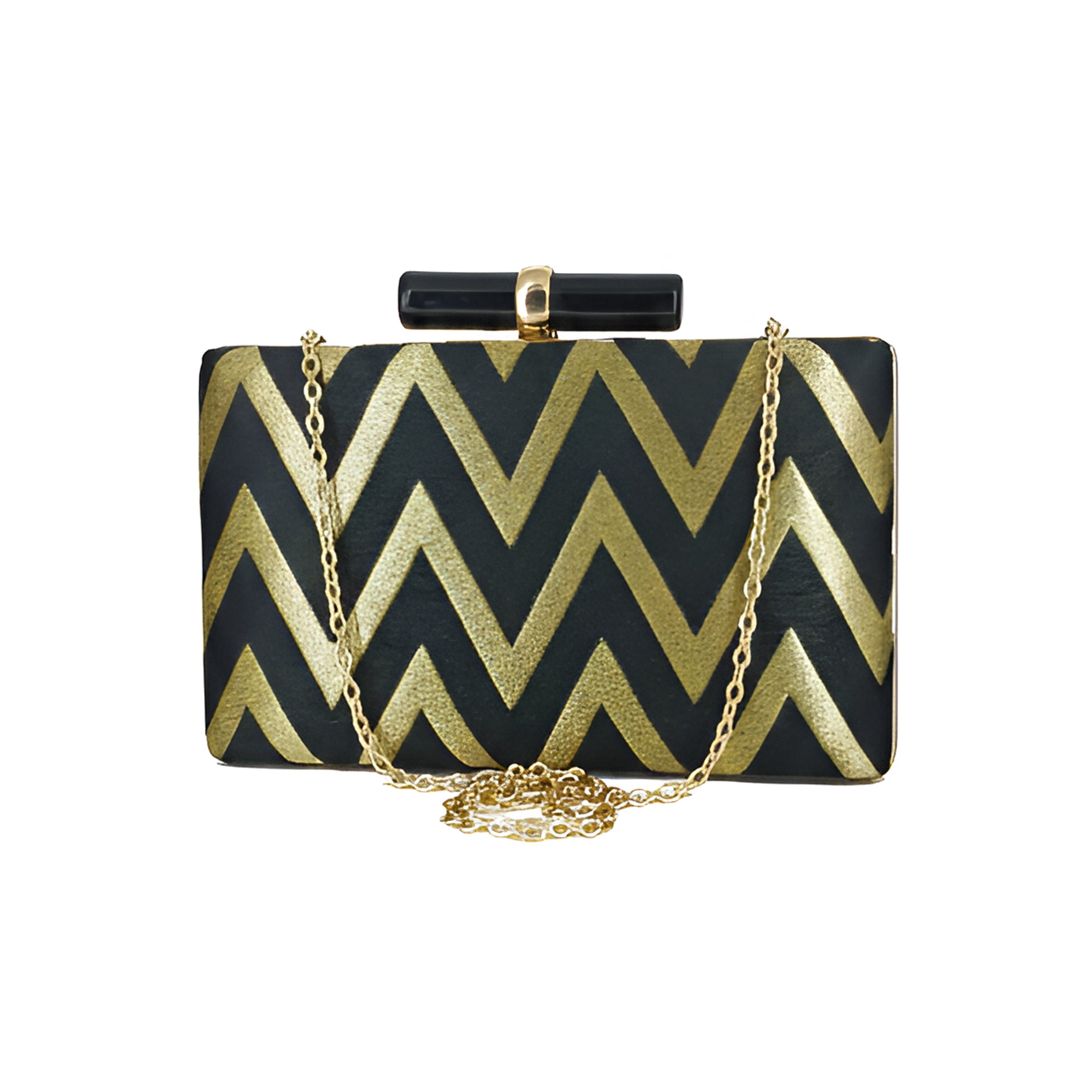 Artklim Elegant Black Gold Zigzag Embroidered Clutch