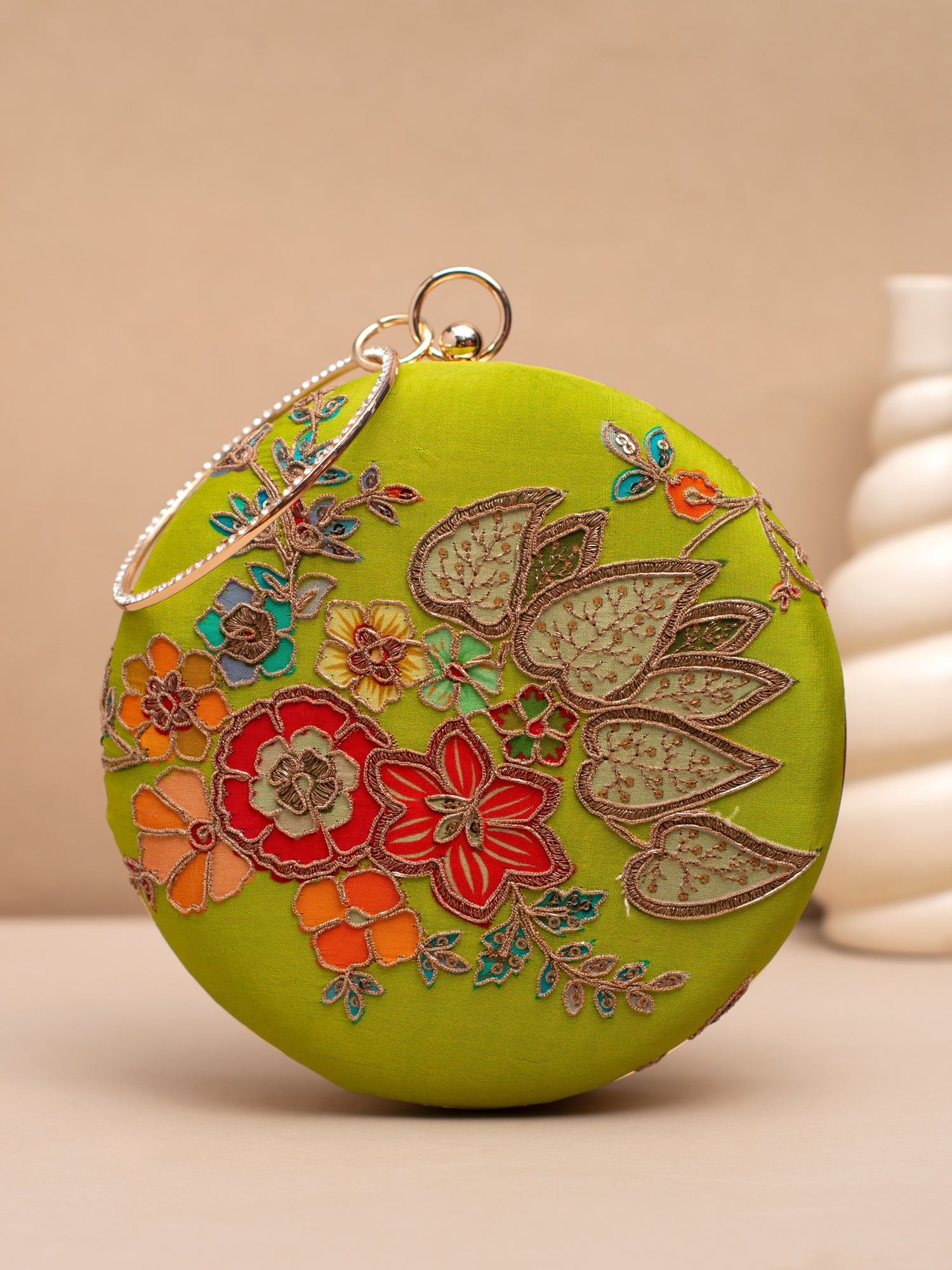 Artklim Green Brocade Floral Round Clutch