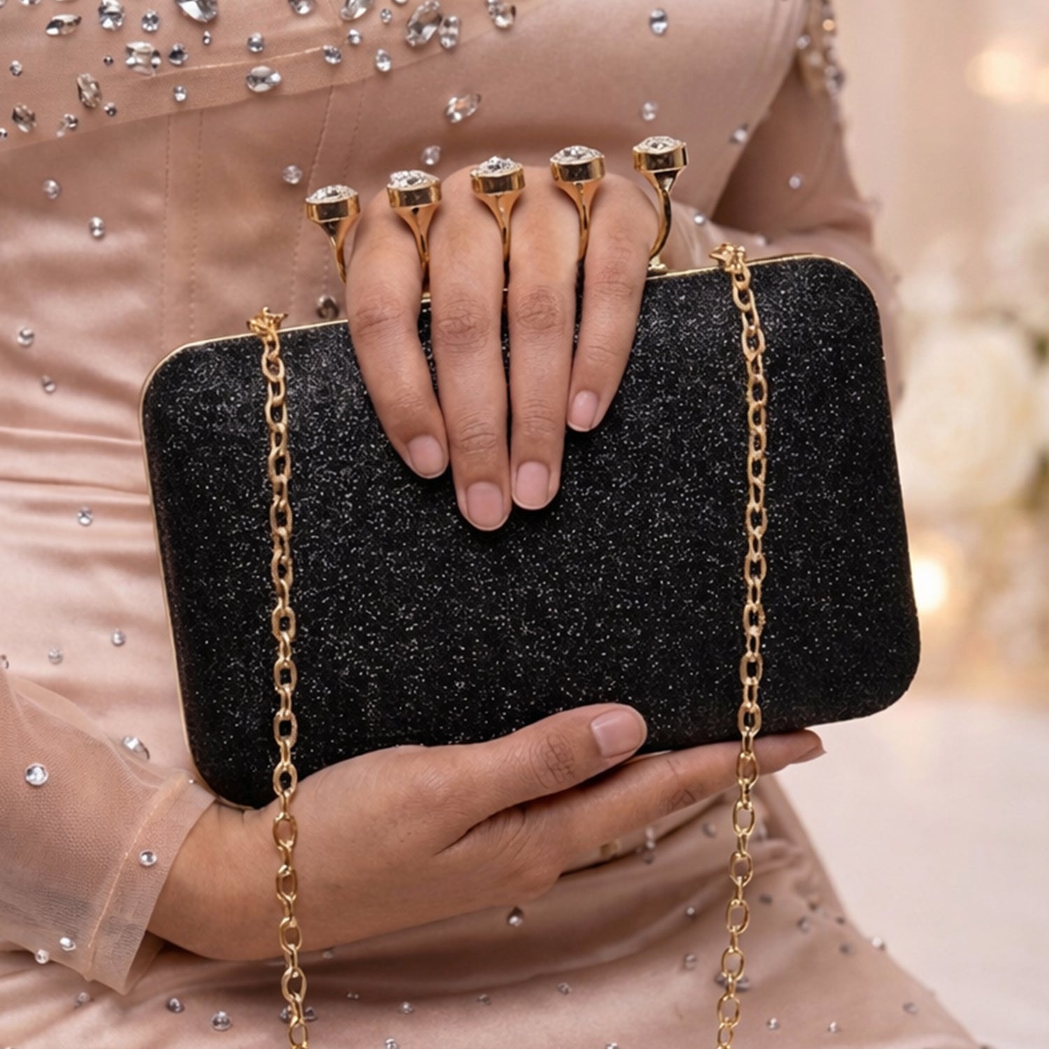 Artklim Black Stylish Midnight Luxe Glitter Embroidery Clutch