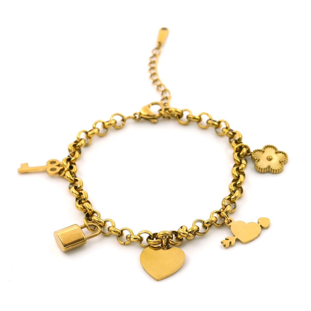 Artklim Gold Plated Clover Leaf, Heart, Lock And Key Charms Bracelet