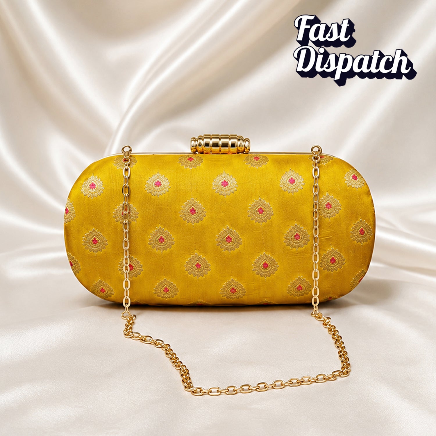 Yellow Brocade Fabric Party Clutch