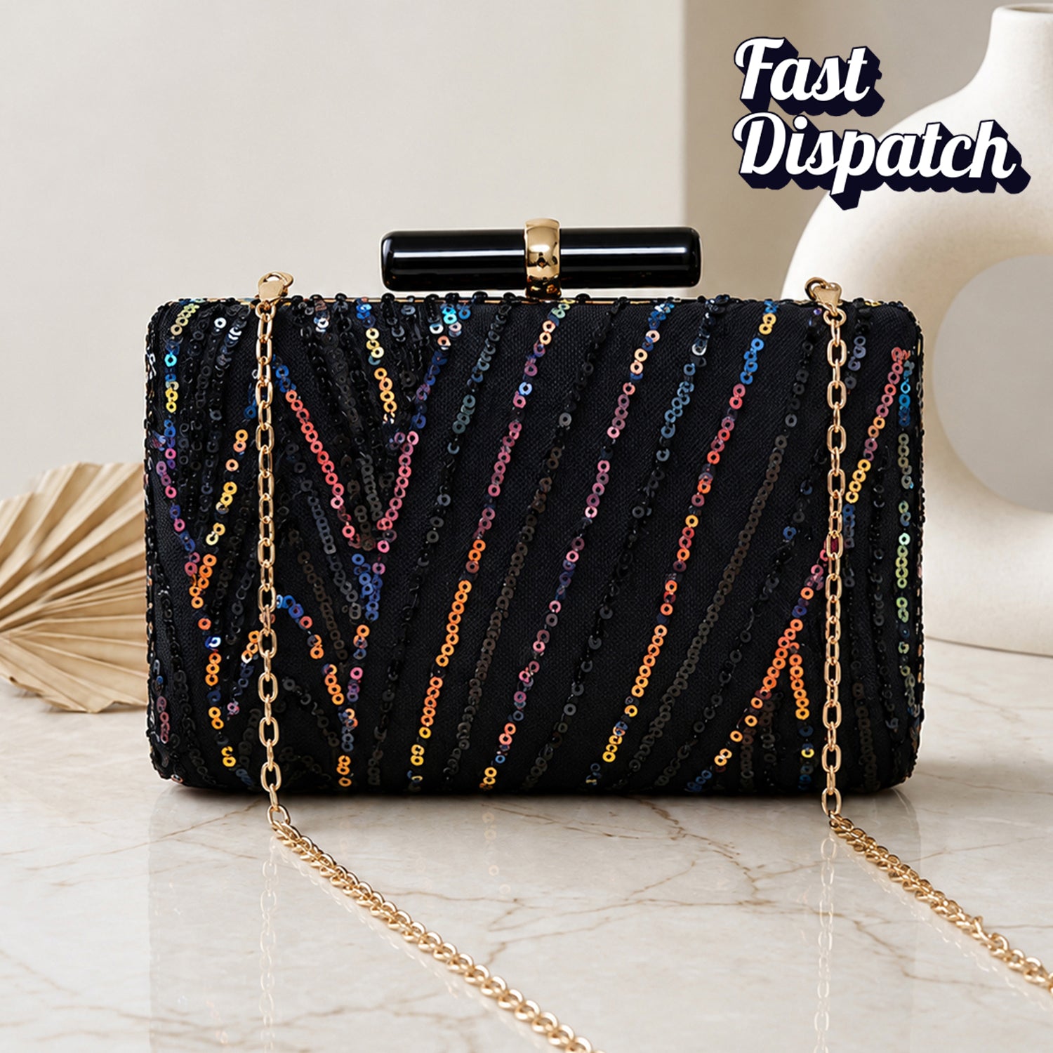 Artklim Black Multicolor Sequin Embroidery Clutch