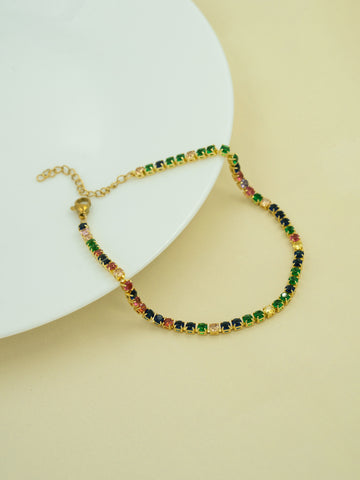 Artklim Gold Plated Dual Leaf Rainbow Anti Tarnish Anklet