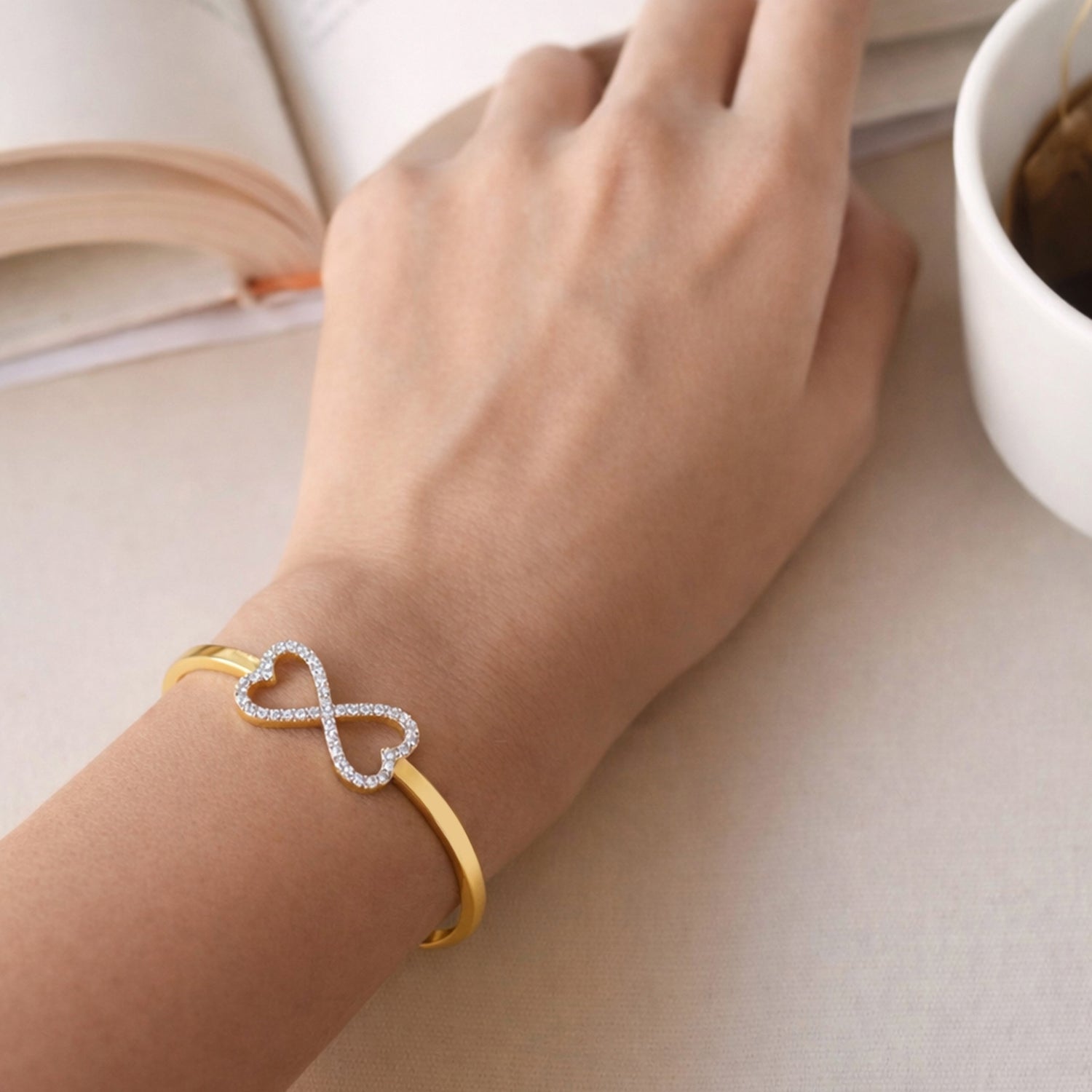 Artklim Gold Plated Crystal Heart Knot Anti-Tarnish Bangle Bracelet