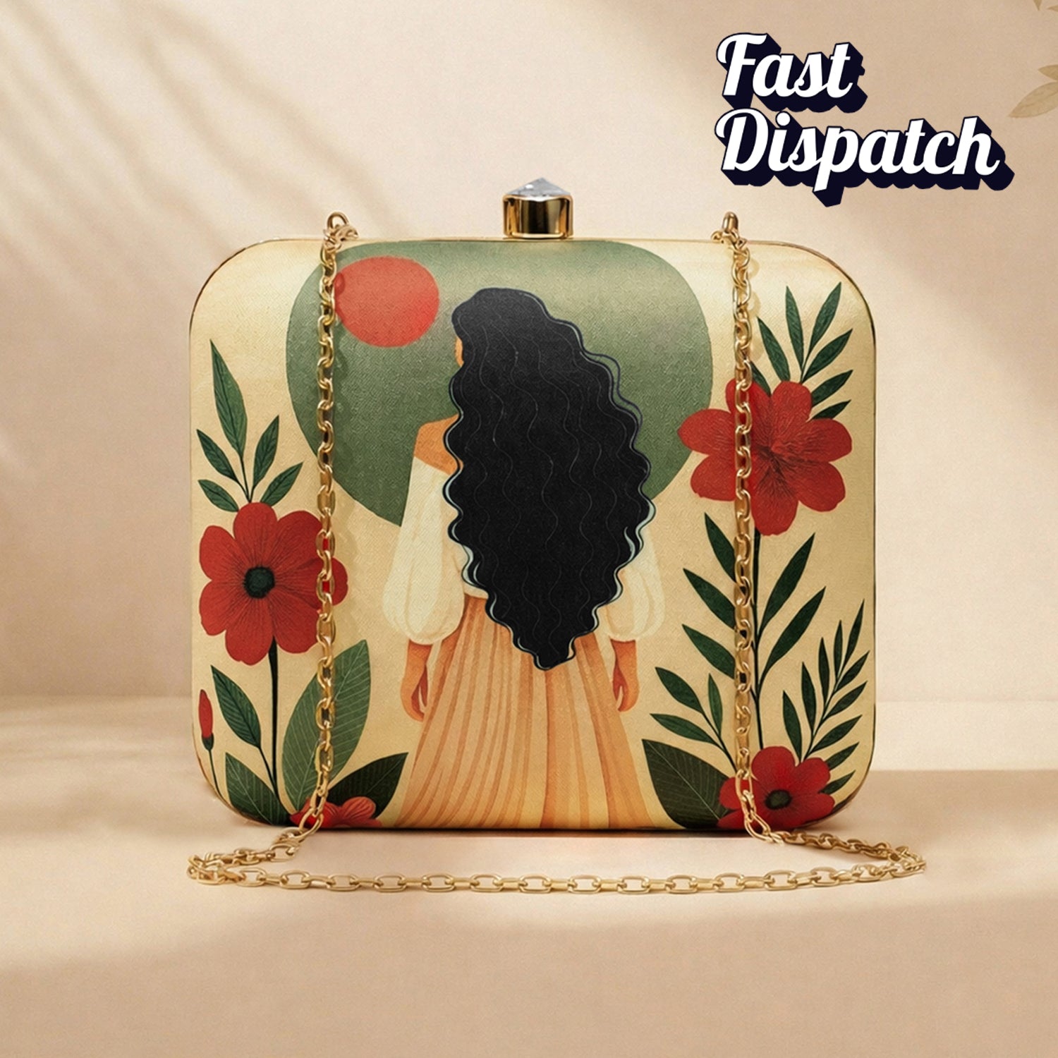 Artklim Beige Based Curly Hair Woman Portrait Printed Clutch