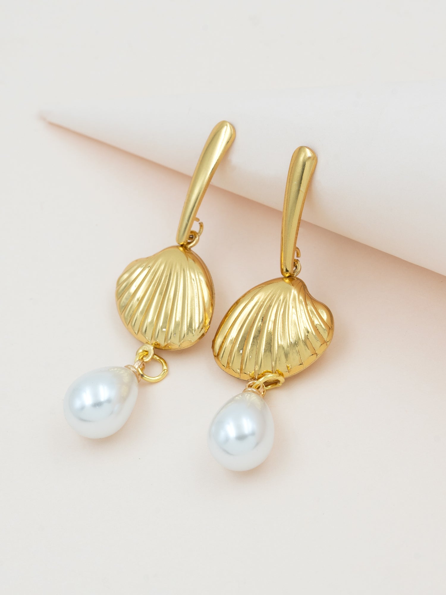 Artklim Gold Shell Pearl Drop Earrings