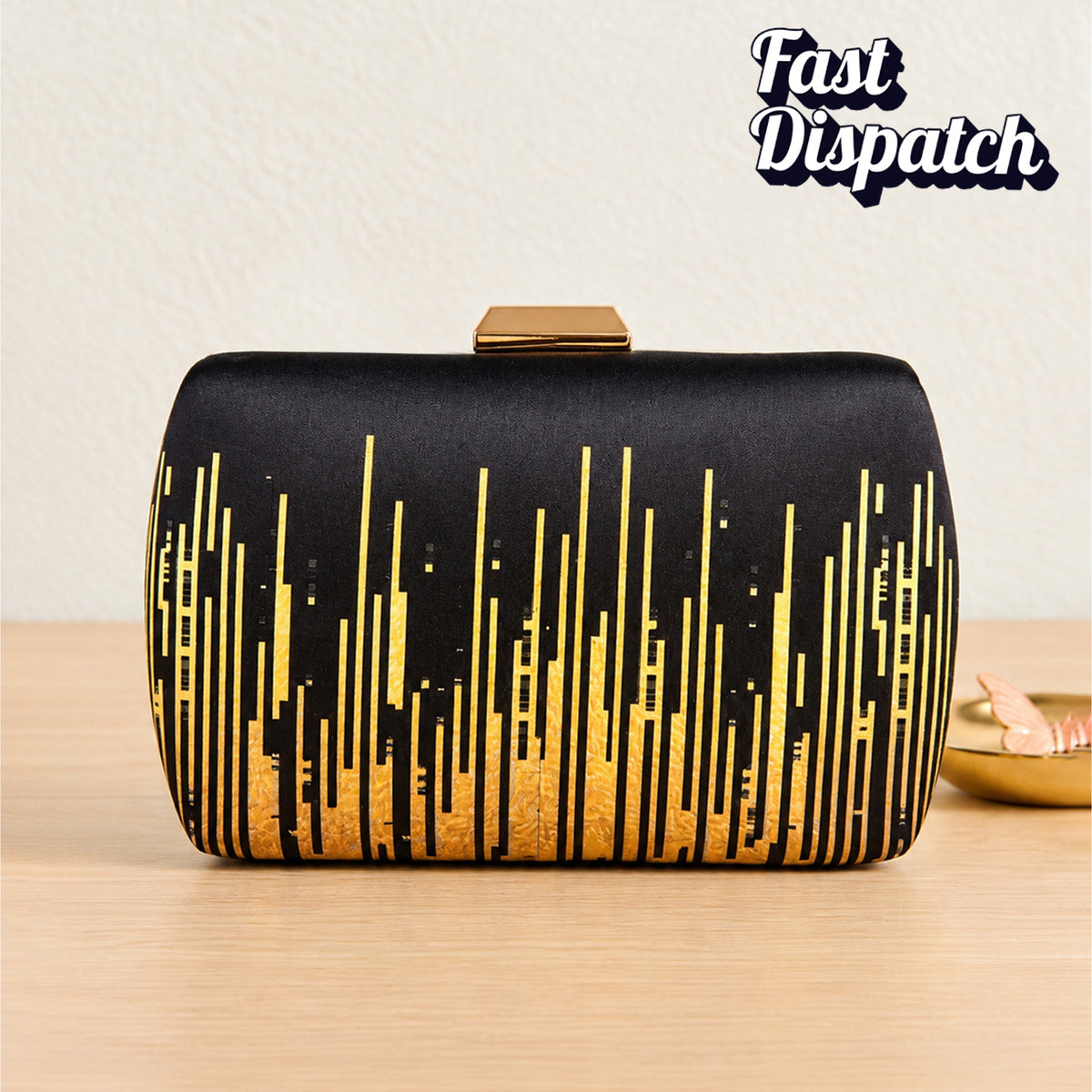 Artklim Black and Gold Geometric Pattern Printed Clutch