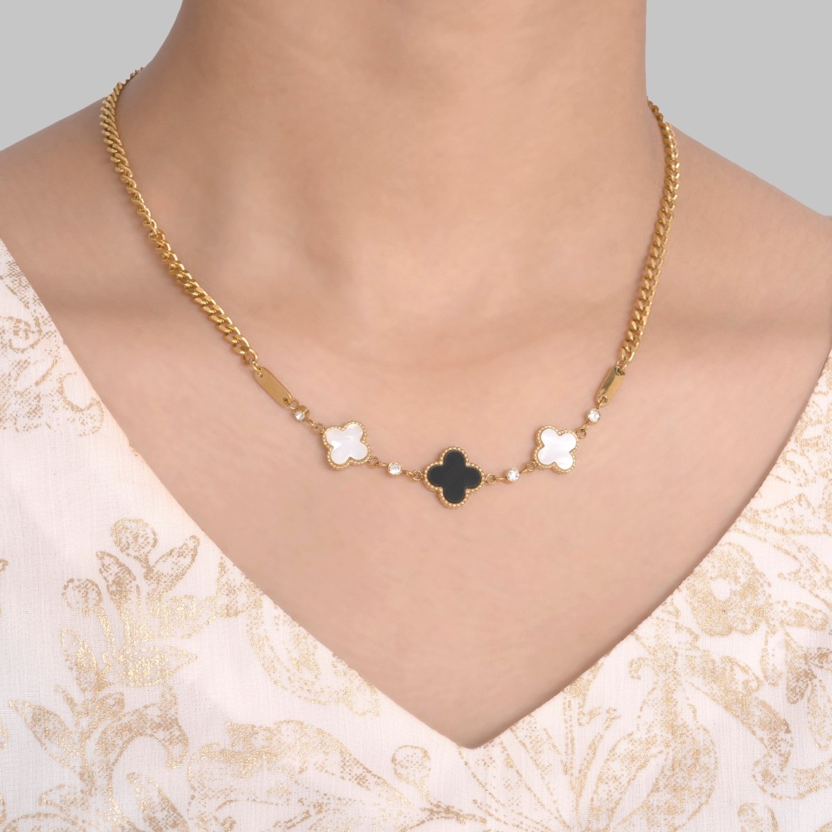 Artklim Gold Plated Black And White Clover Pendant Necklace