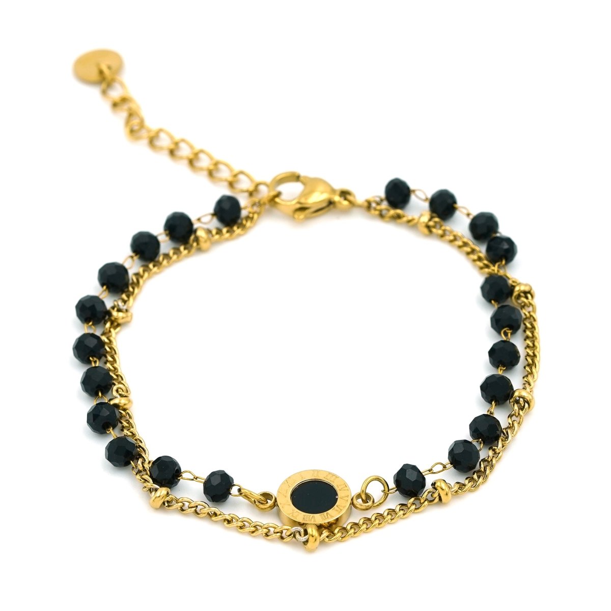 Artklim Gold Plated Black Beads With Roman Numeral Pendant Bracelet