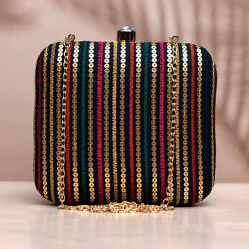 Dark Green Sequins Strips Embroidery Clutch
