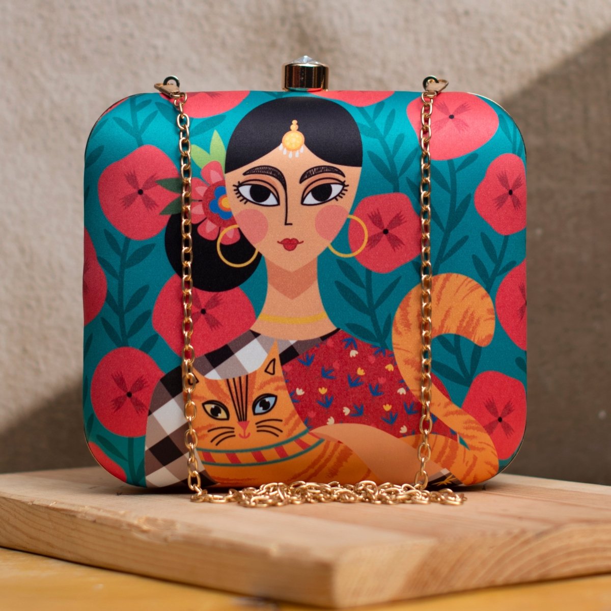 Lady With Cat Printed Clutch