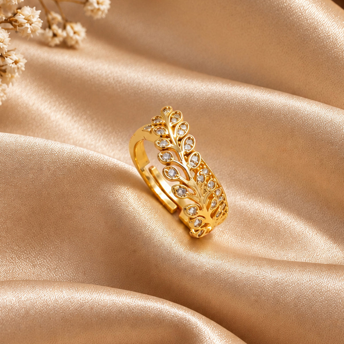 Artklim Elegant Leaf Vine Crystal Gold-Tone Statement Anti-Tarnish Ring