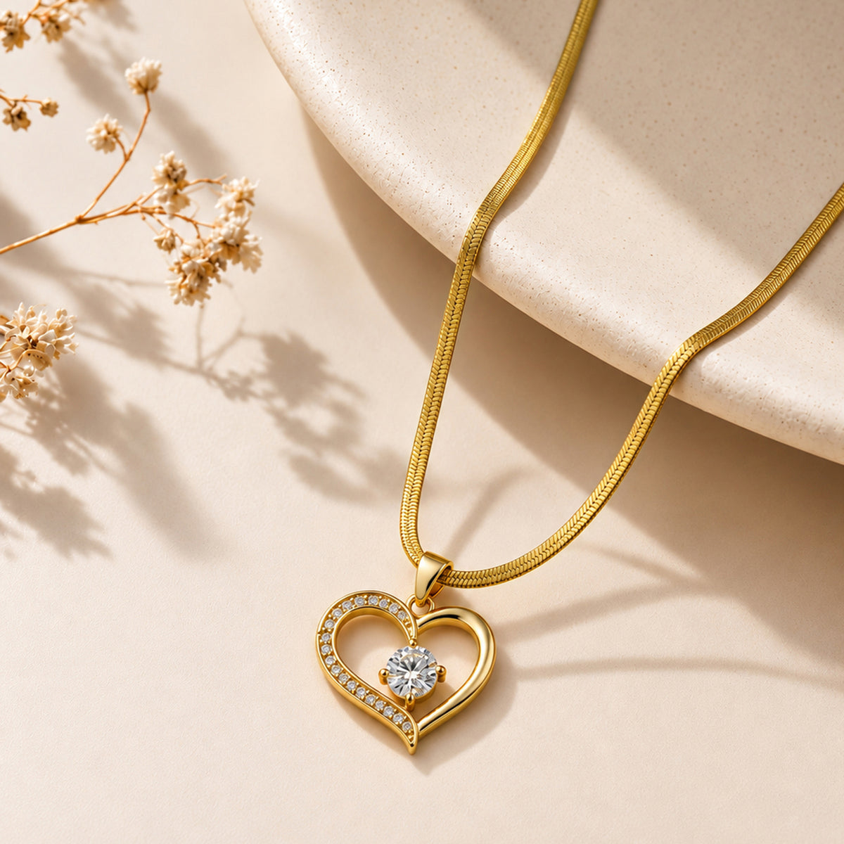 Artklim Elegant Double Heart Crystal Gold Anti-Tarnish Pendant Necklace
