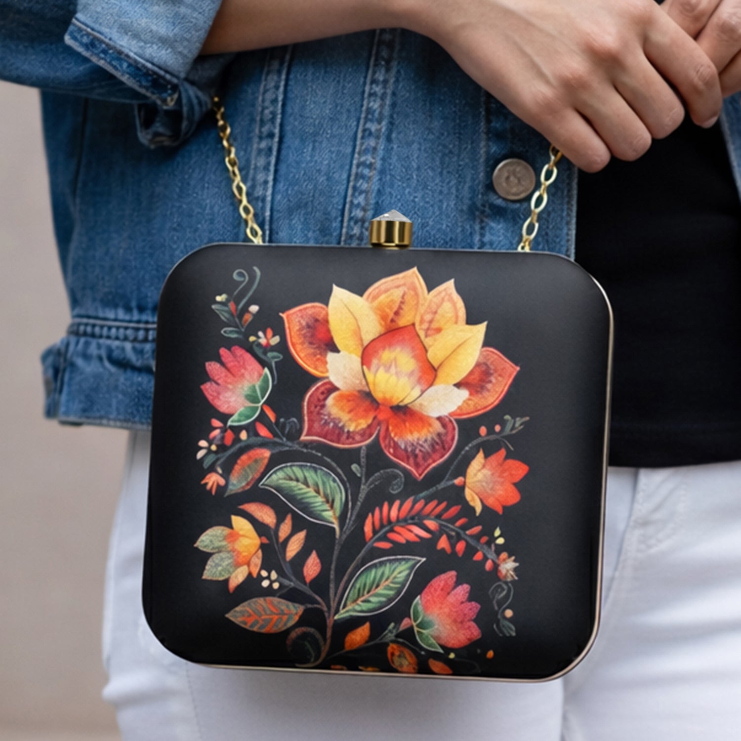 Artklim Black Based Yellow And Red Floral Printed Clutch