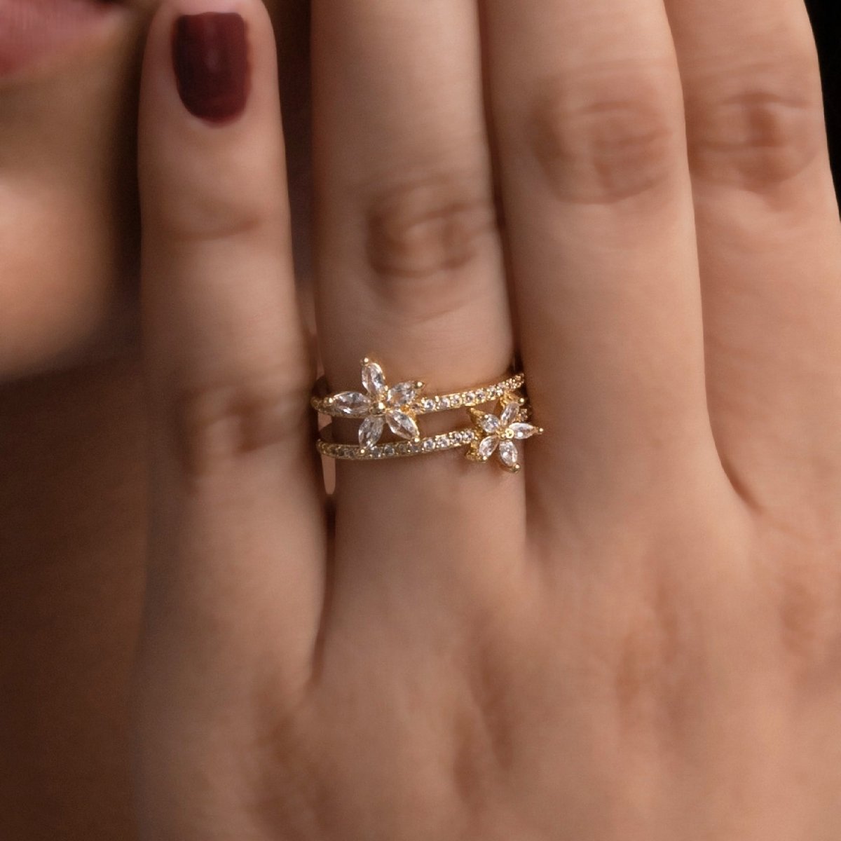 Artklim Floral Double Band Gold Plated Ring