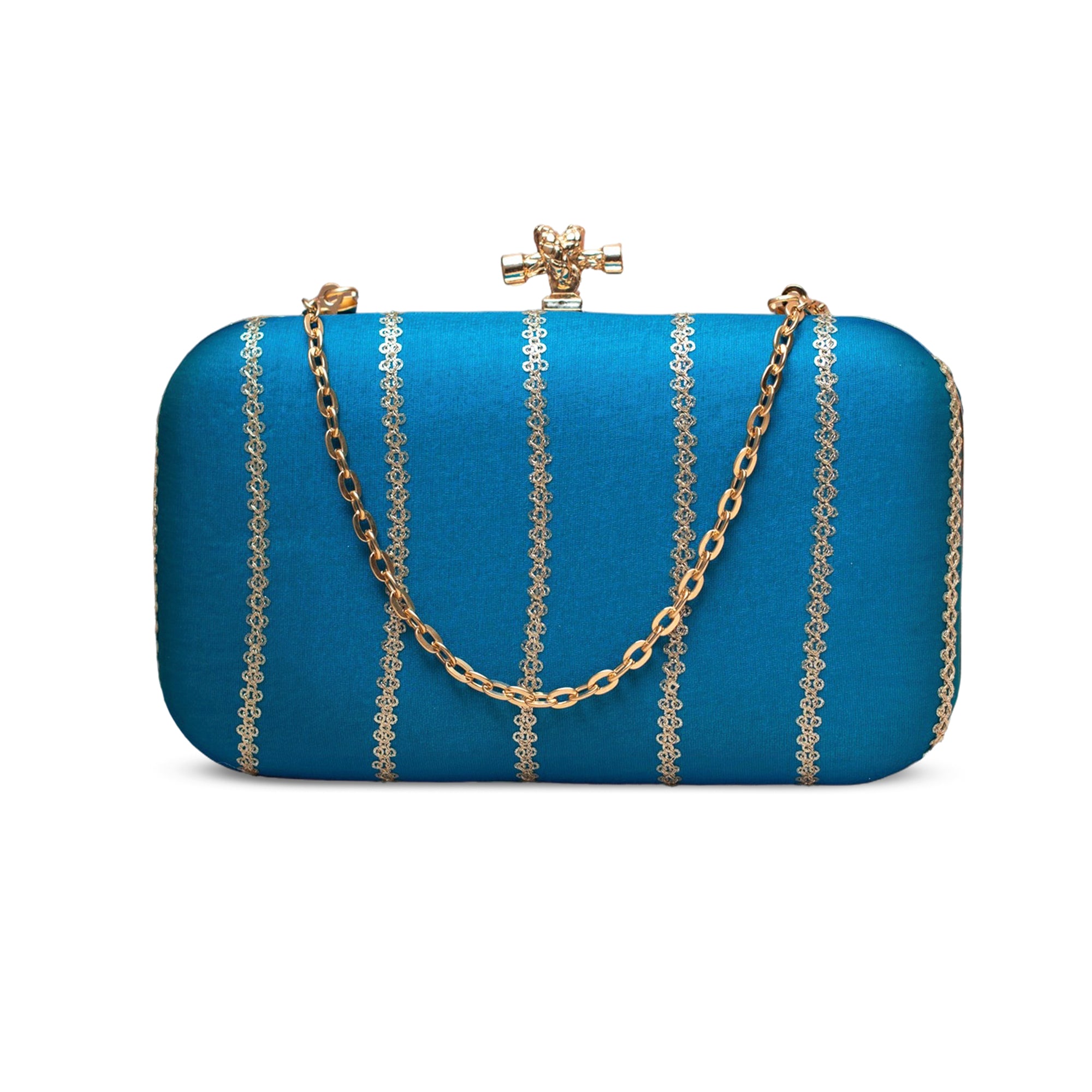 Artklim Royal Turquoise Gold-Striped Embroidered Clutch