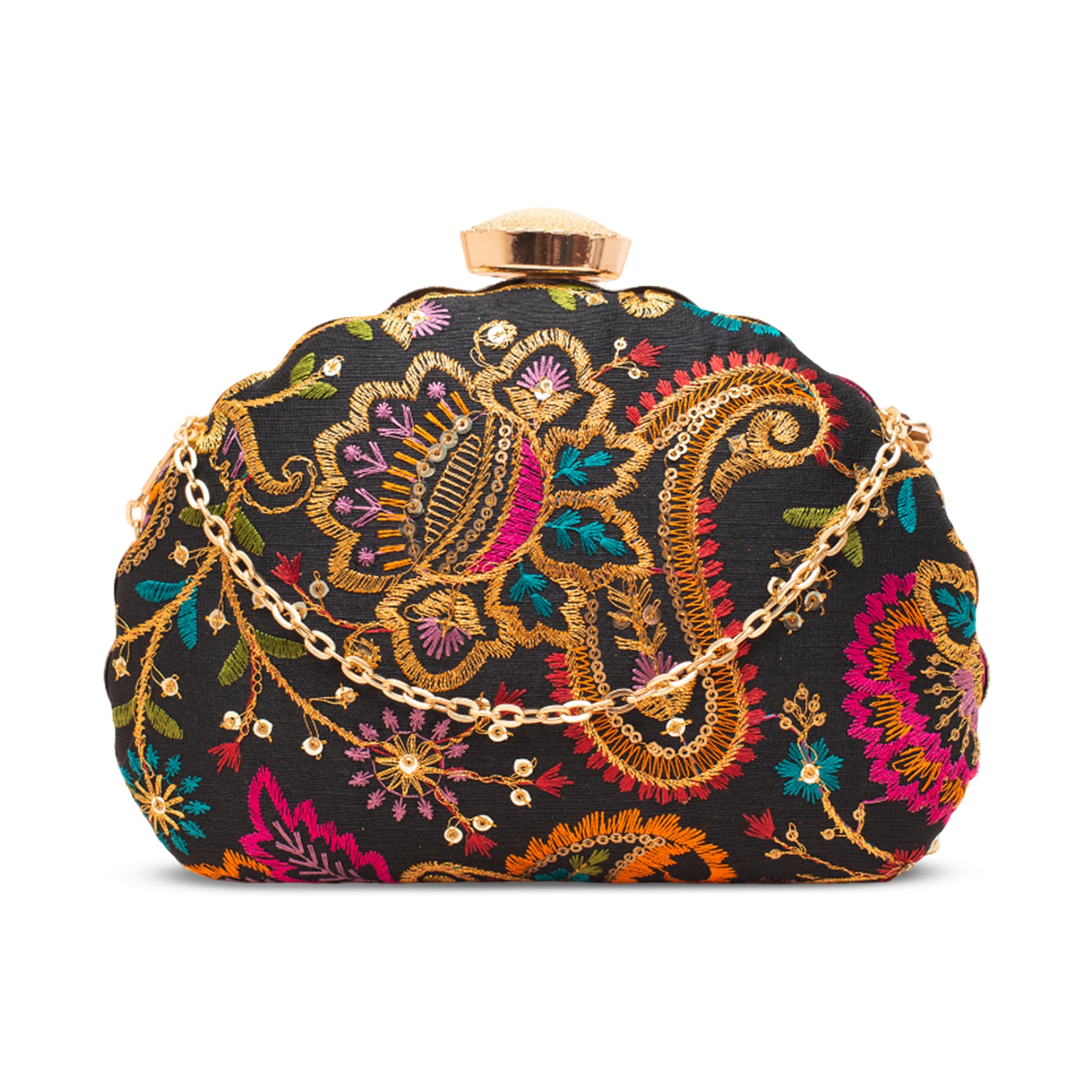 Artklim Royal Black Sequins Embroidery D- Shape Clutch"