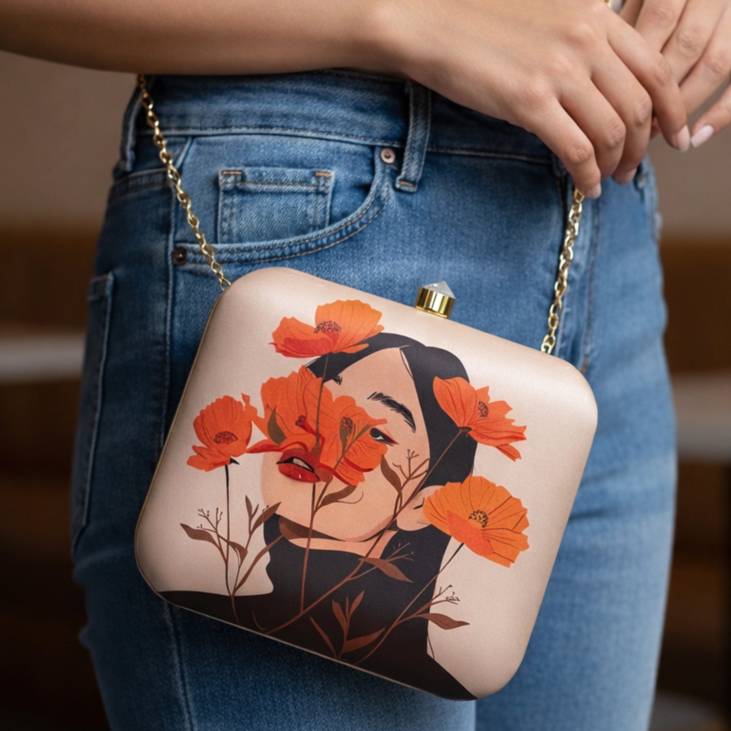 Off White Based Flower Girl Printed Clutch