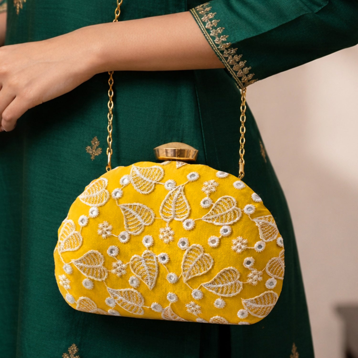 Artklim Yellow Base White Thread Embrodiery Clutch