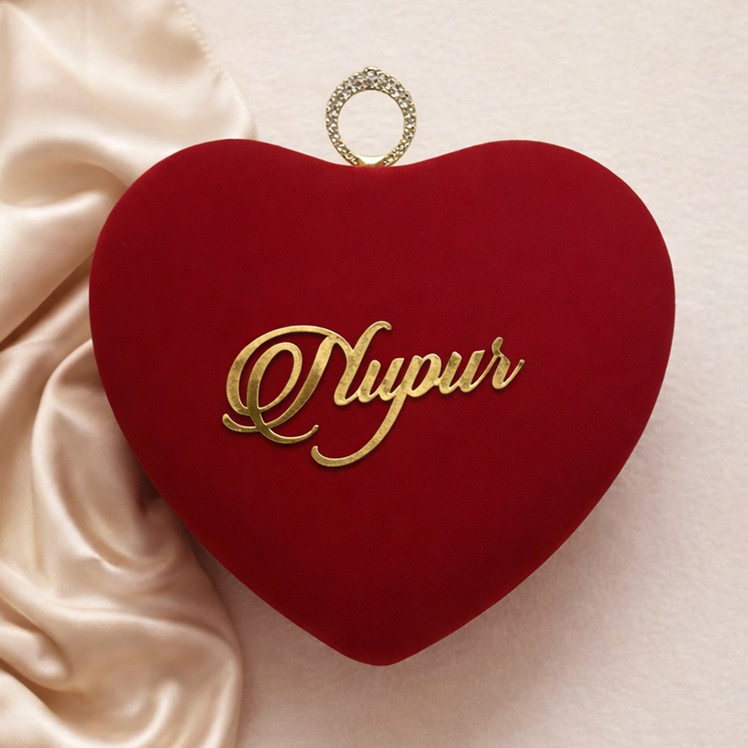 Artklim Red Heart-Shaped Velvet Name Customized Clutch