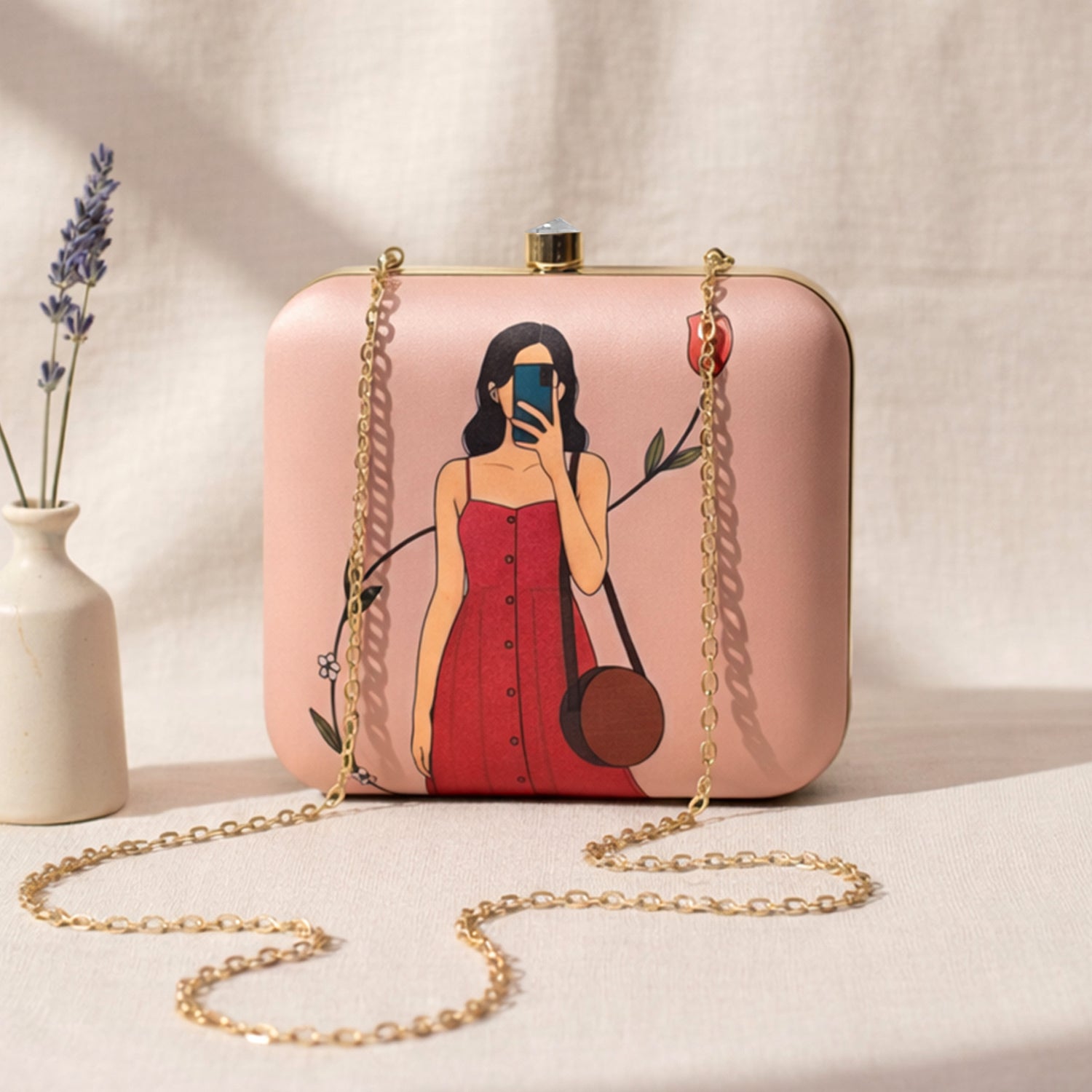 Artklim Peach Based Selfie Girl Portrait Printed Clutch