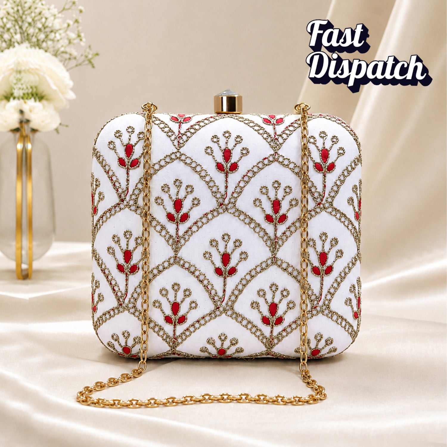 Artklim White & Red Floral Embroidered Clutch