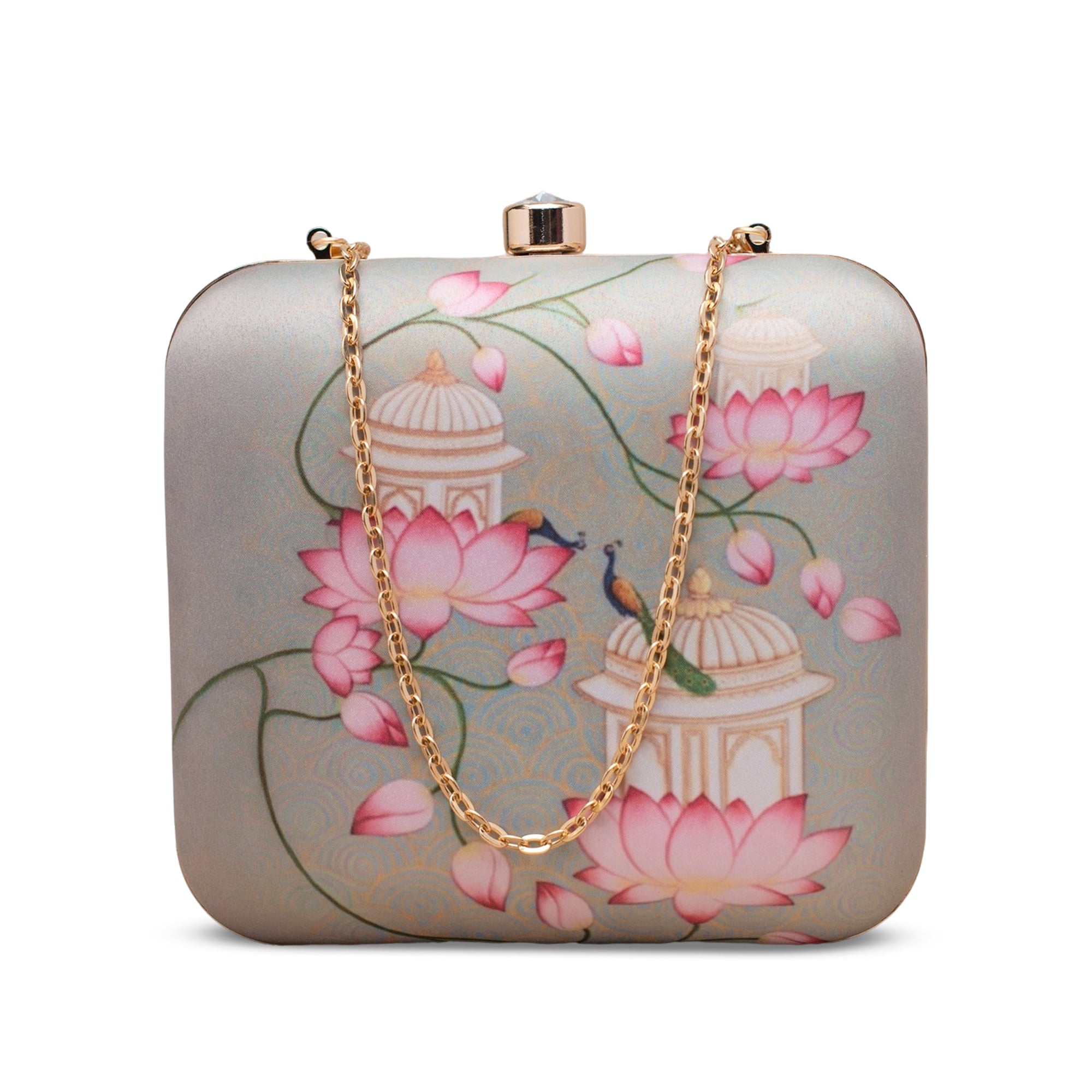 Artklim Lotus And Peacock Printed Clutch