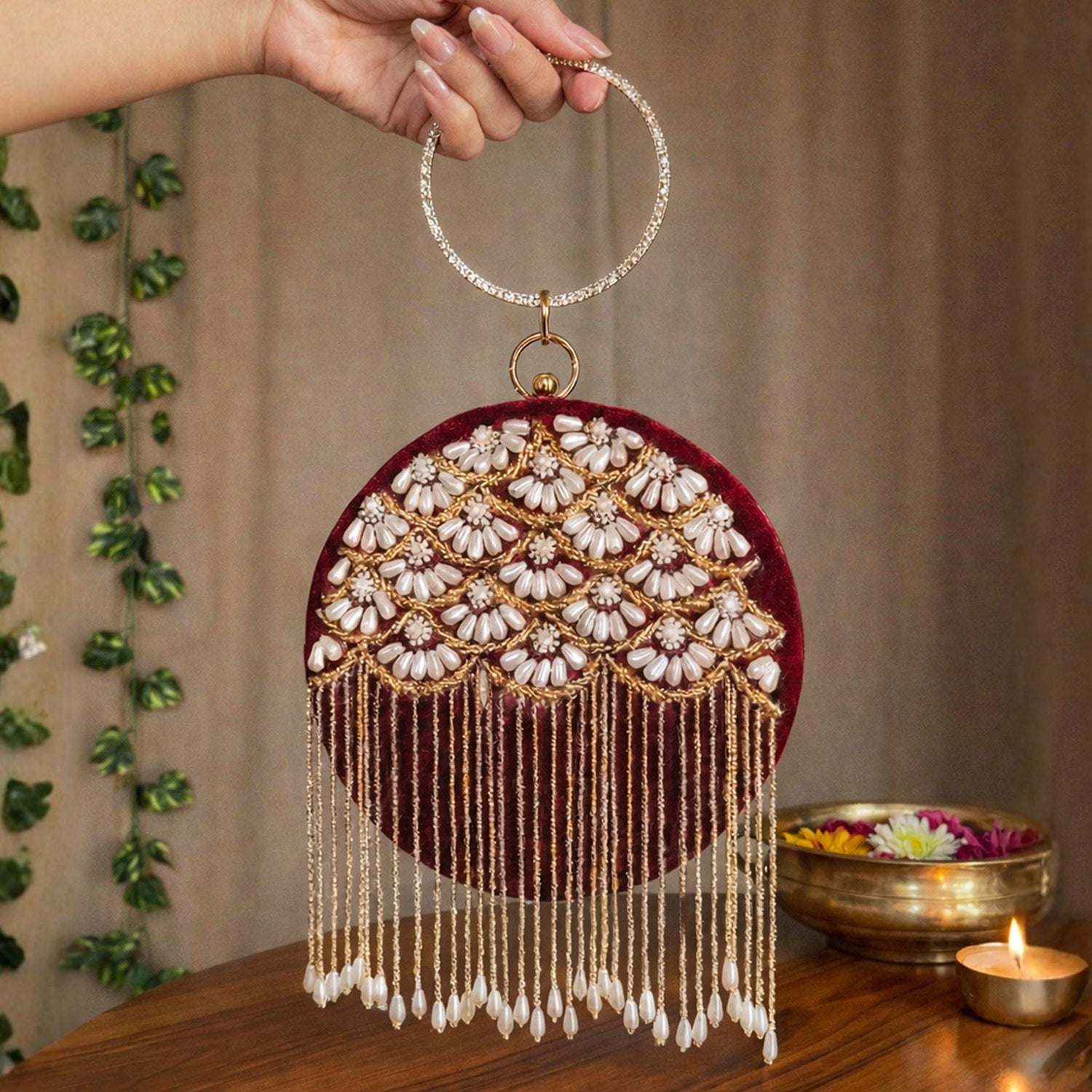 Artklim Elegant Floral Pearl Handcrafted Embroidered Round Clutch