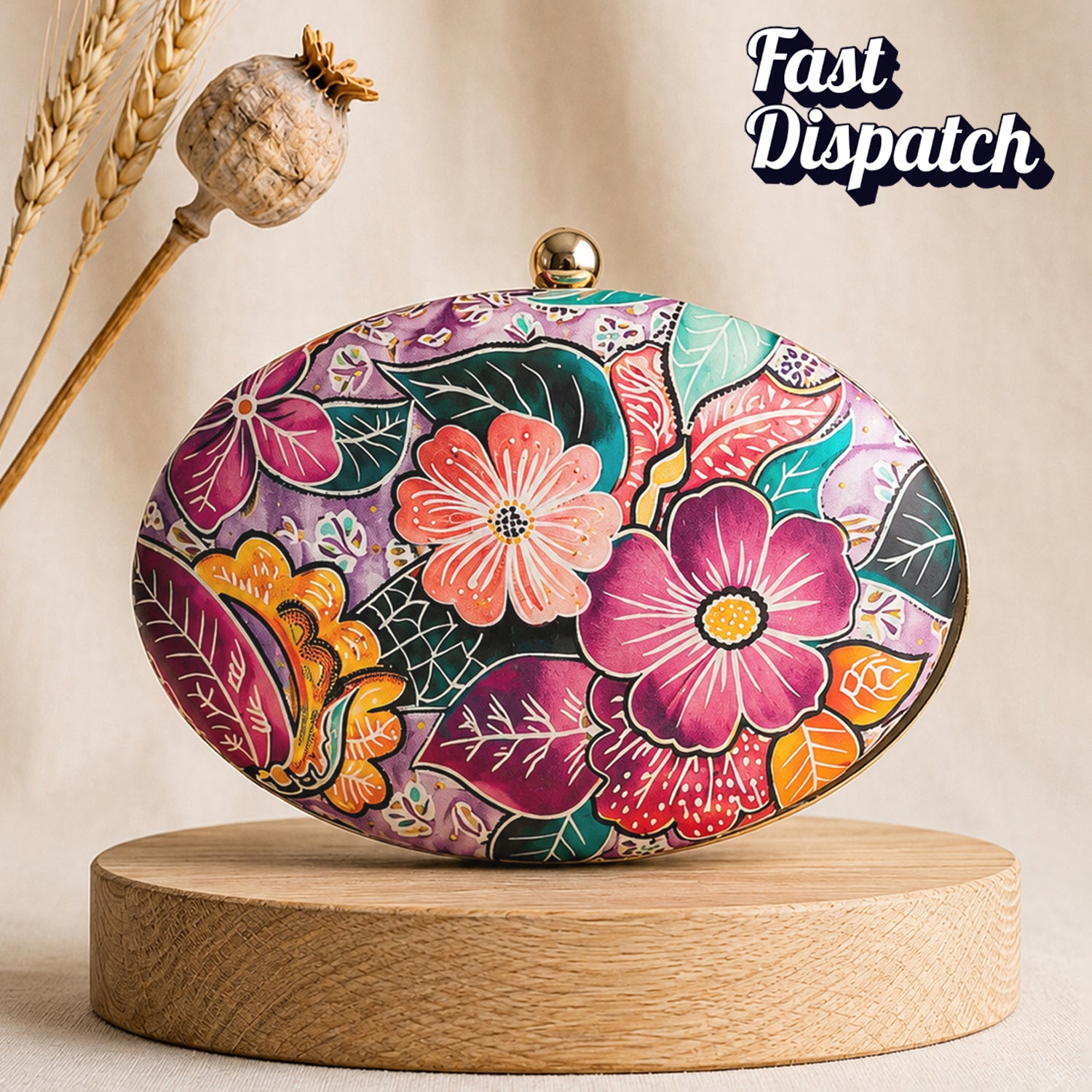 Artklim Multicolor Floral Printed Oval Designer Clutch