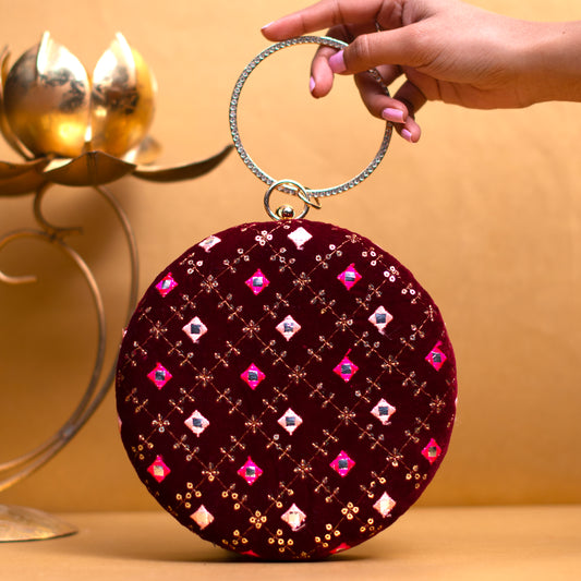 Maroon And Pink Sequins Round Clutch