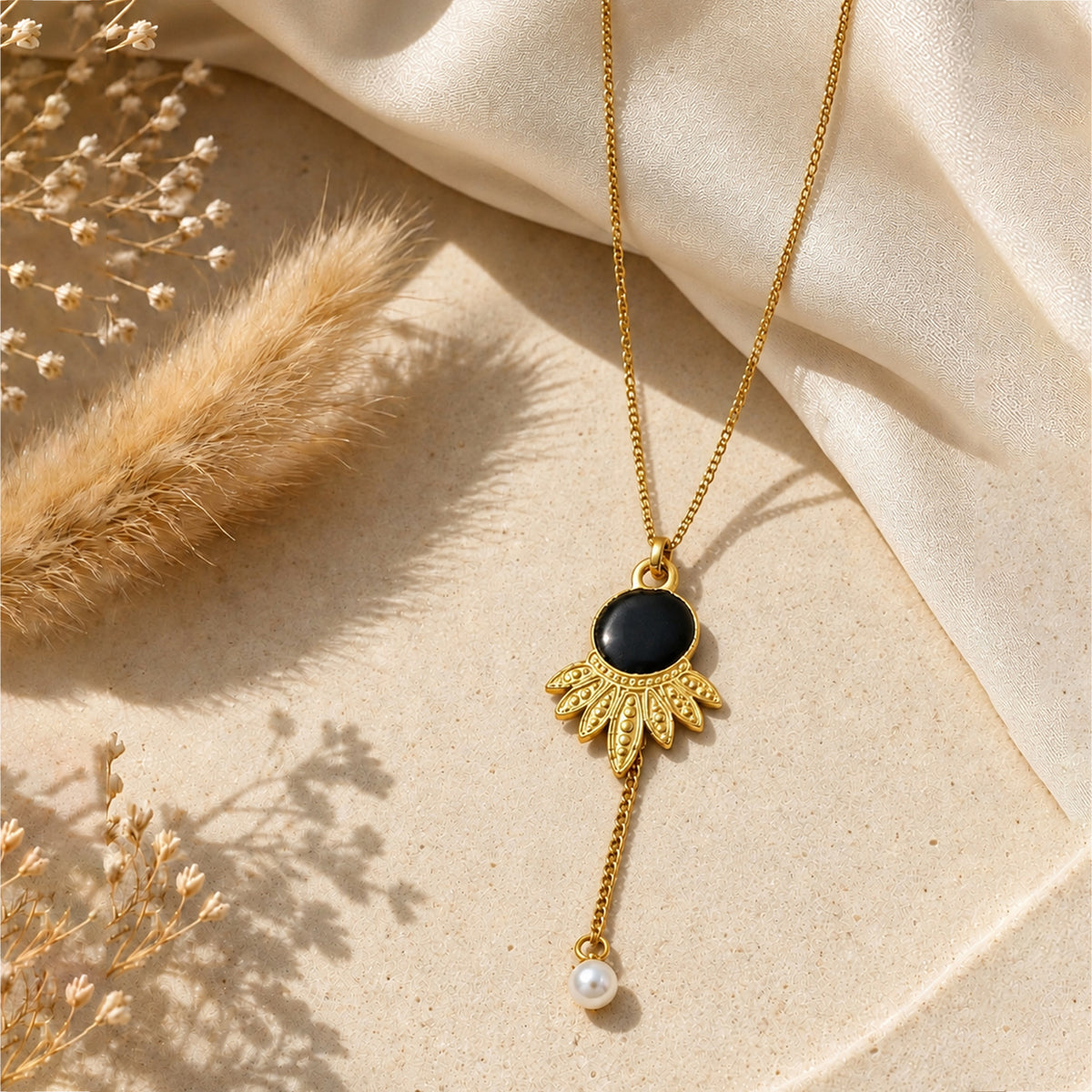 Artklim Black Stone Floral Drop Anti-Tarnish Pendant Necklace