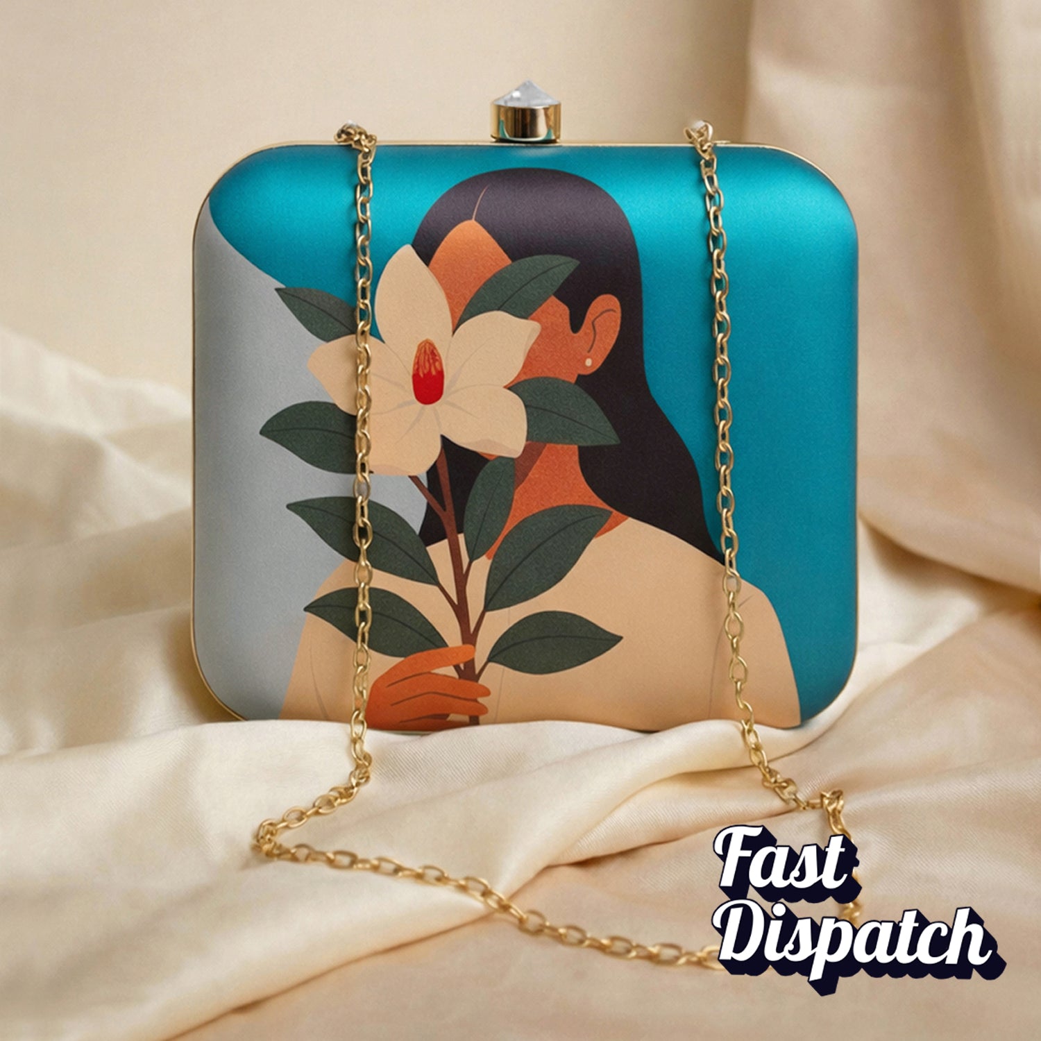 Artklim Blue Based Girl With Magnolia Flower Portrait Printed Clutch