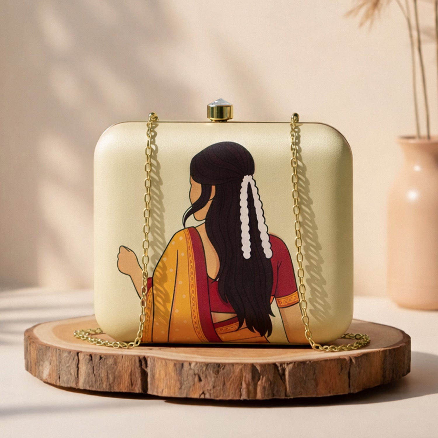 Artklim Beige Based Mustard Saree Woman With Gajra Portrait Printed Clutch