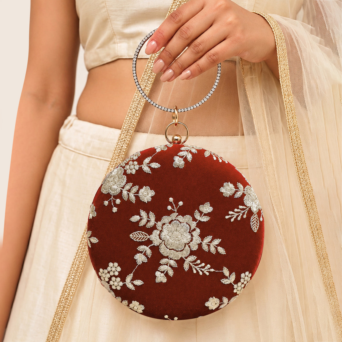Artklim Luxury Rust Brown Floral Embroidered Round Clutch Bag with Golden Crystal Ring Handle